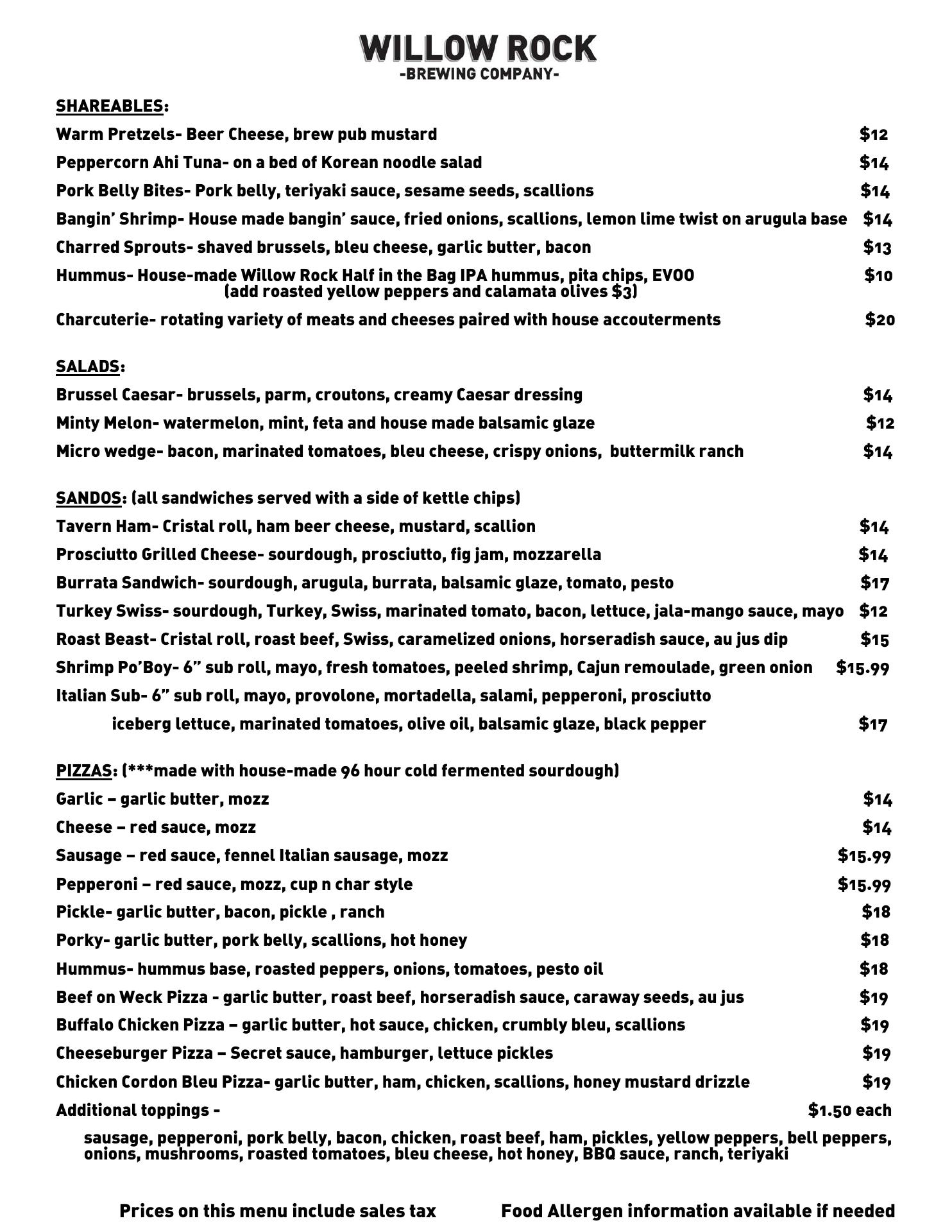 Willow Rock Brewing Company Menu