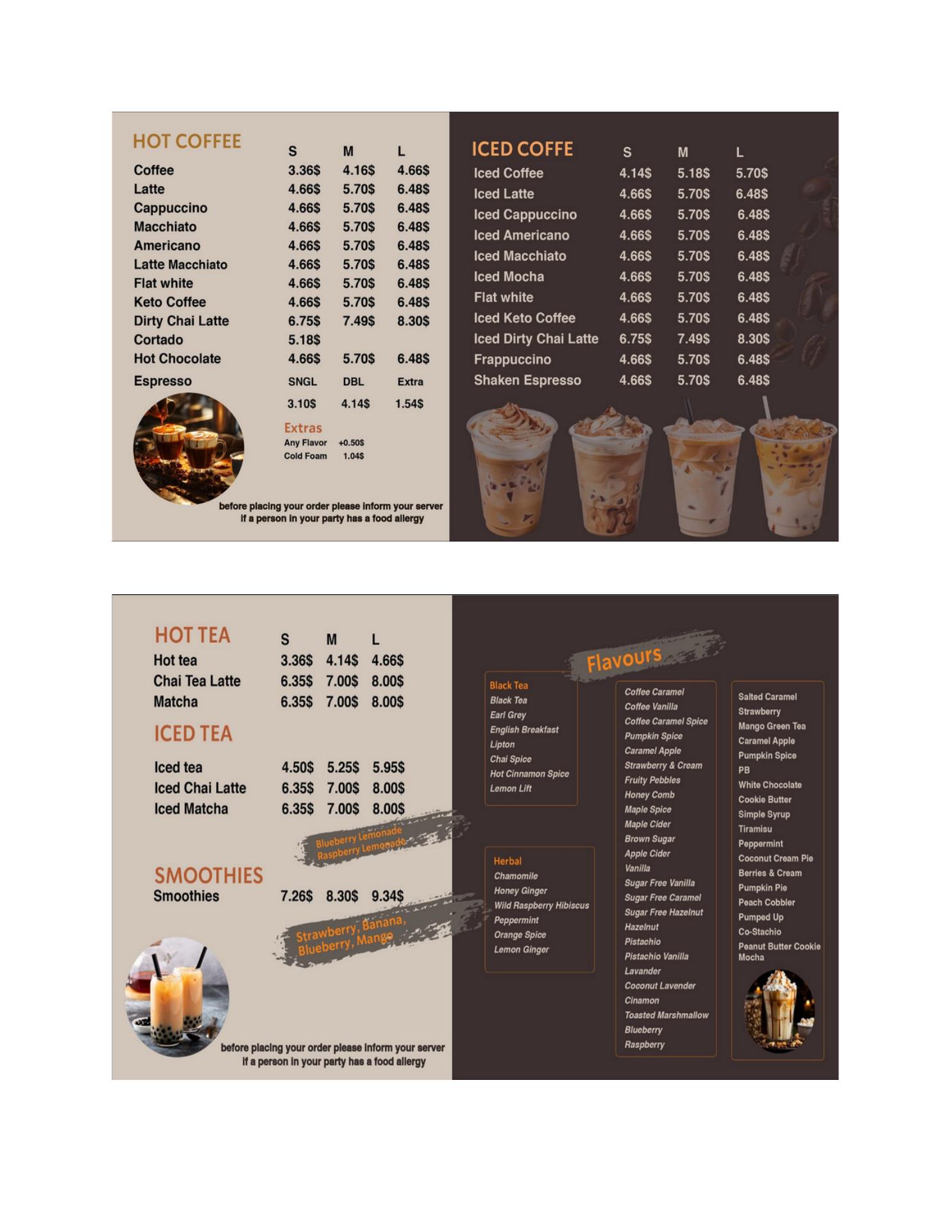 Milano Bean Cafe SYR Menu