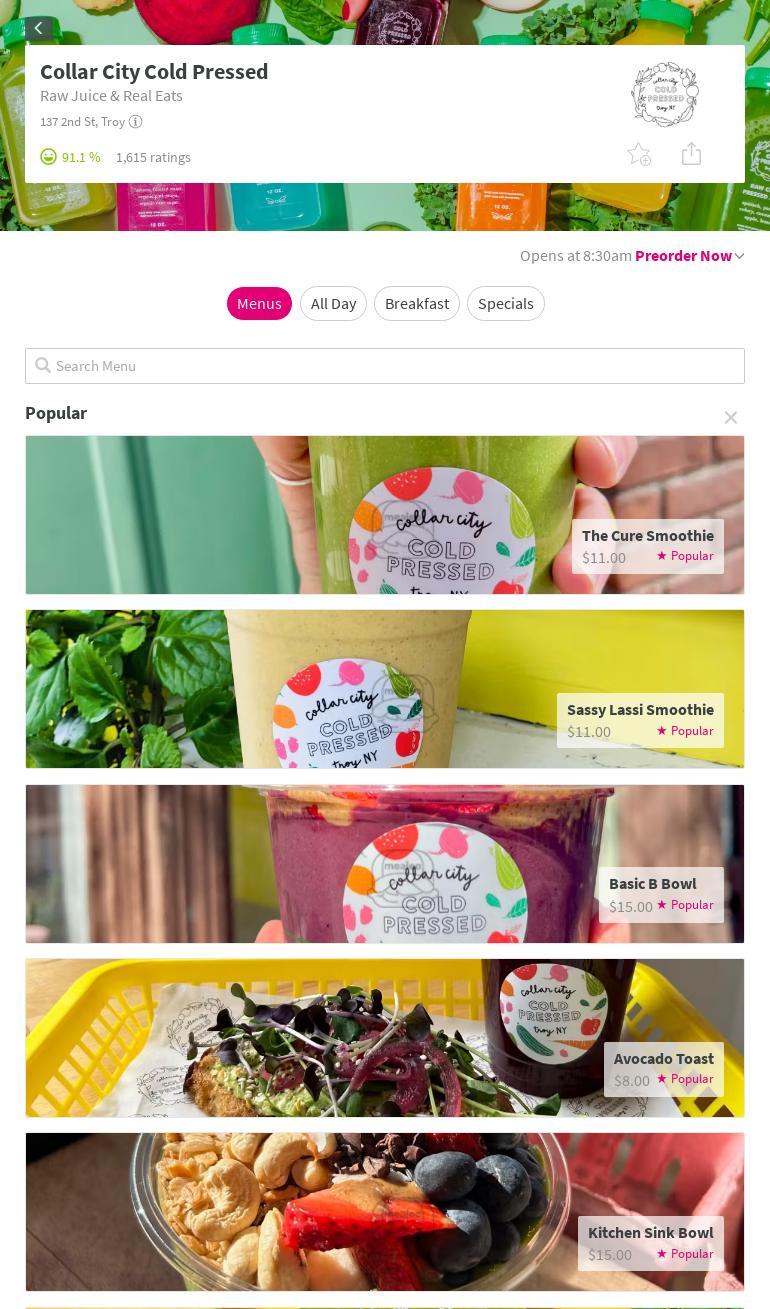 Collar City Cold Pressed Menu