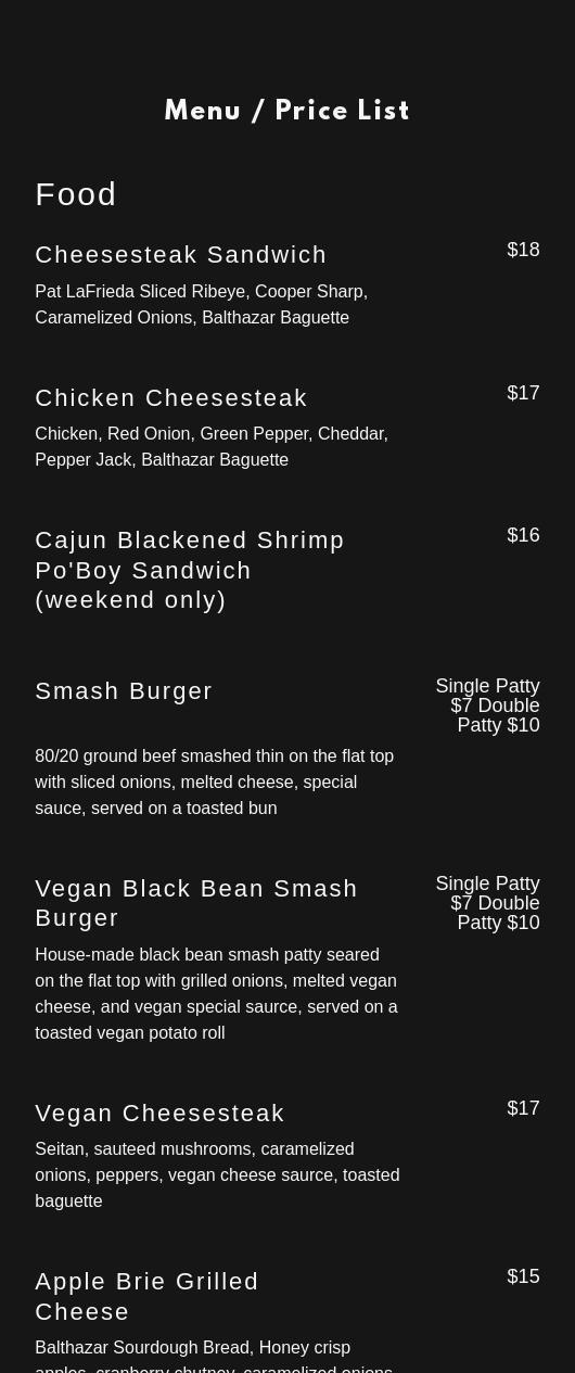 Noble Experiment Brewing Company Menu