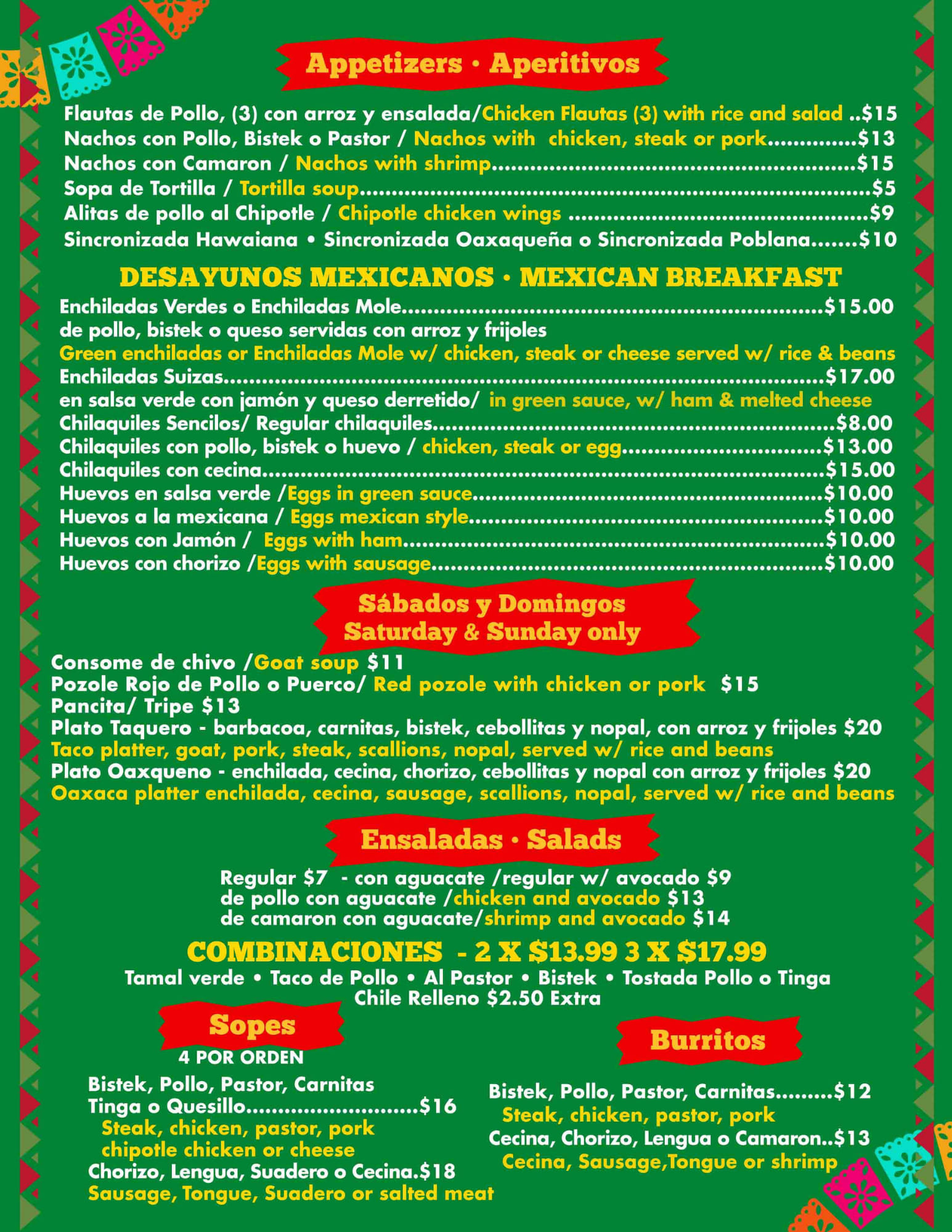 Mercadito Taqueria, Panaderia Mexicana y Paleteria Menu