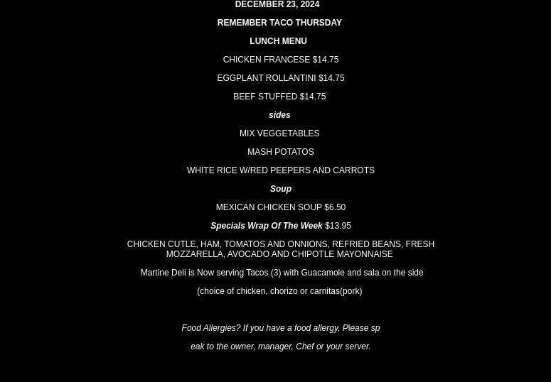 Martine Gourmet Deli Menu