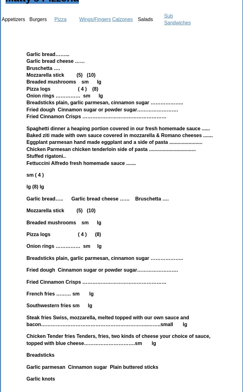 Matty's Pizzeria Menu