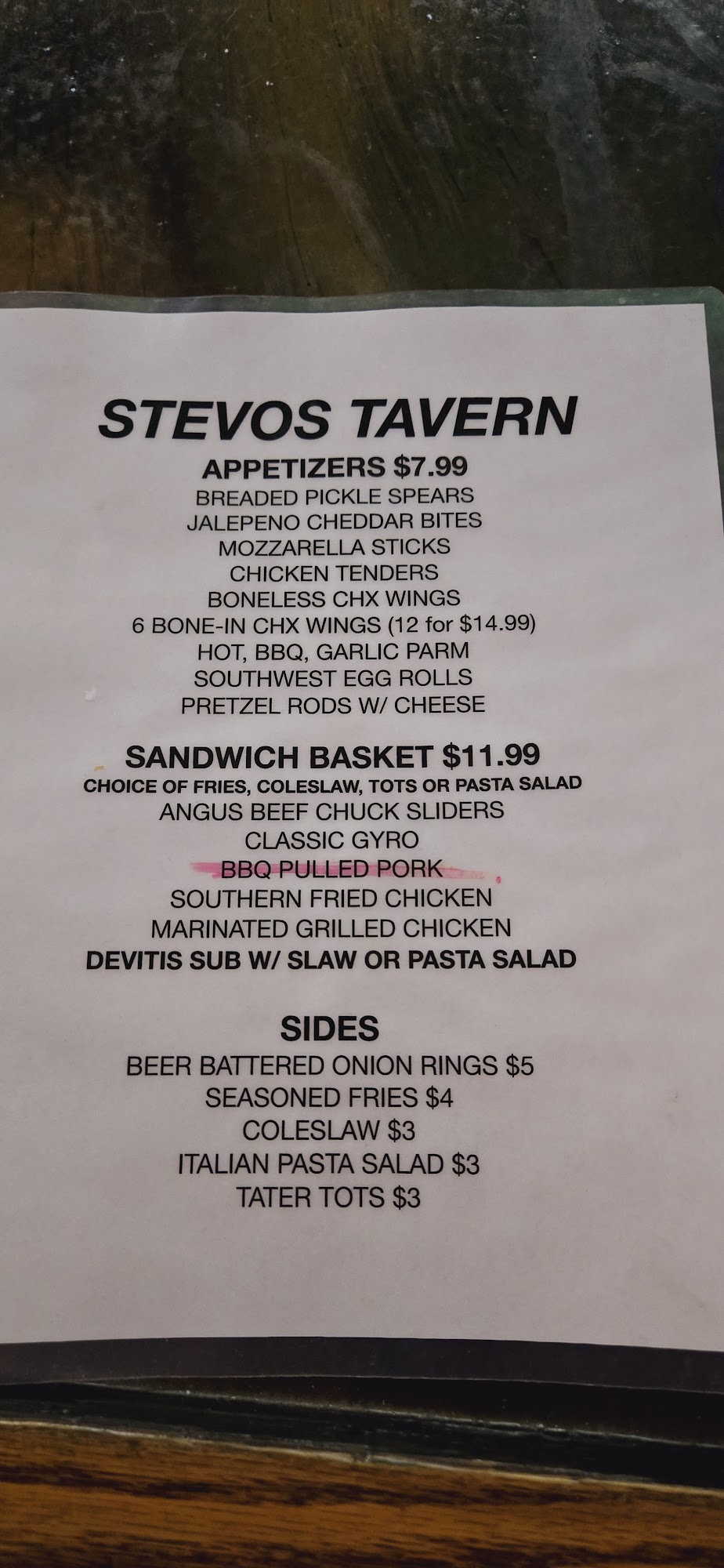 Stevos Tavern Menu