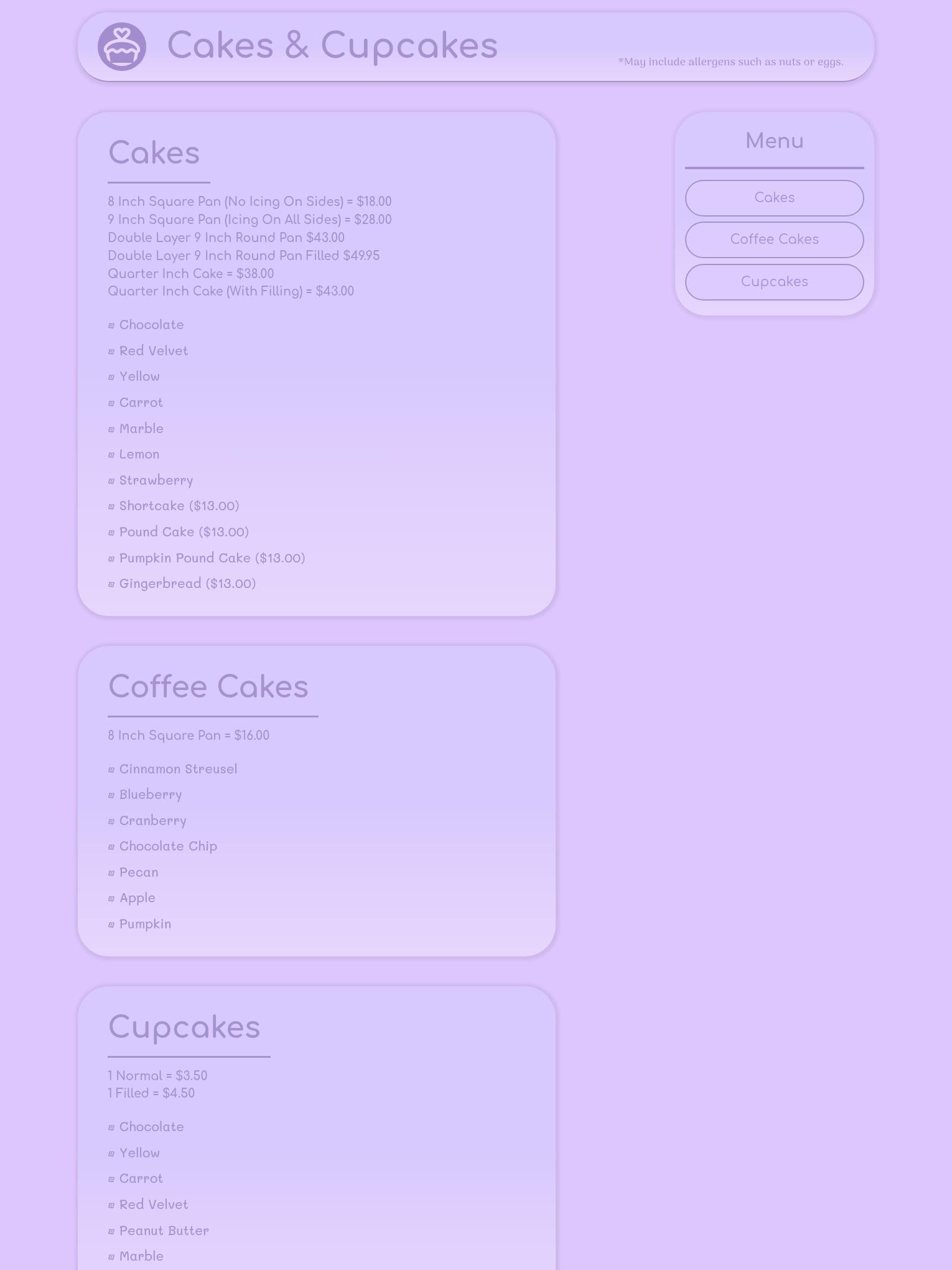 Kathy's Creations Menu