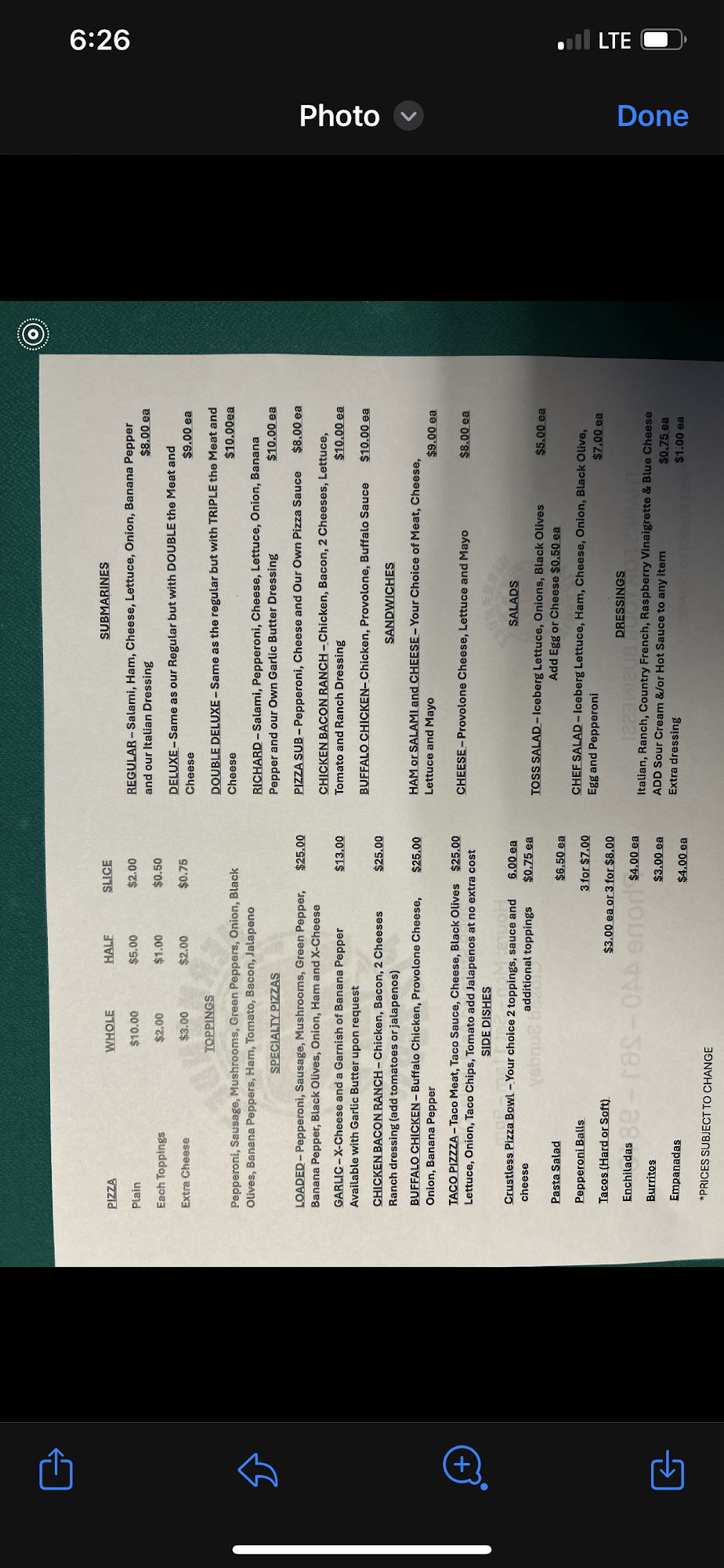 Hernandez Pizzeria Menu