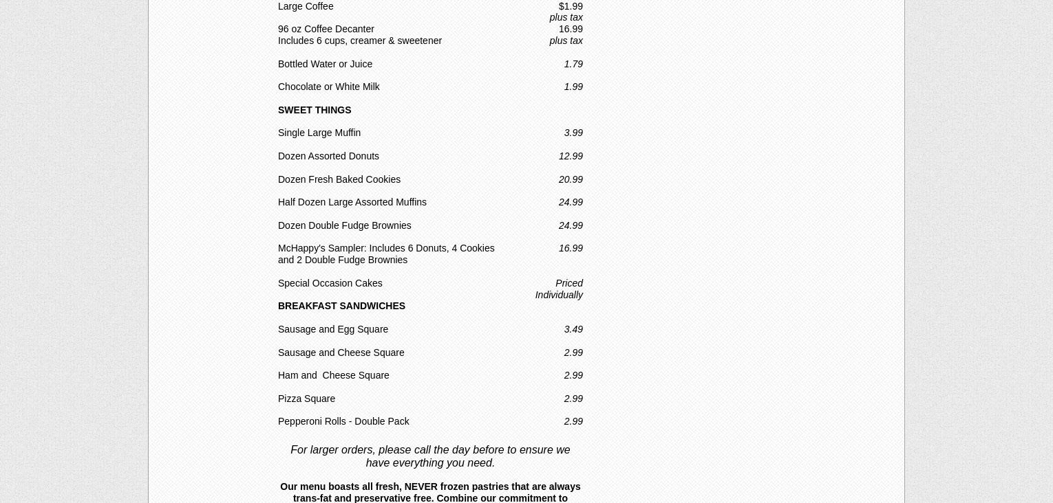 McHappy's Donuts and Bake Shoppe Menu