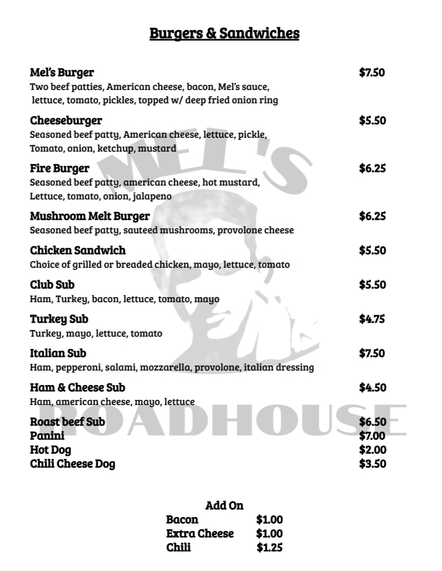 Mel's Roadhouse Menu
