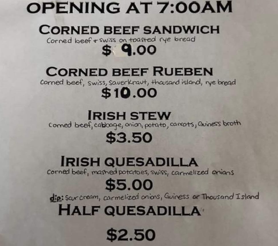 Olde Avon Tavern Menu