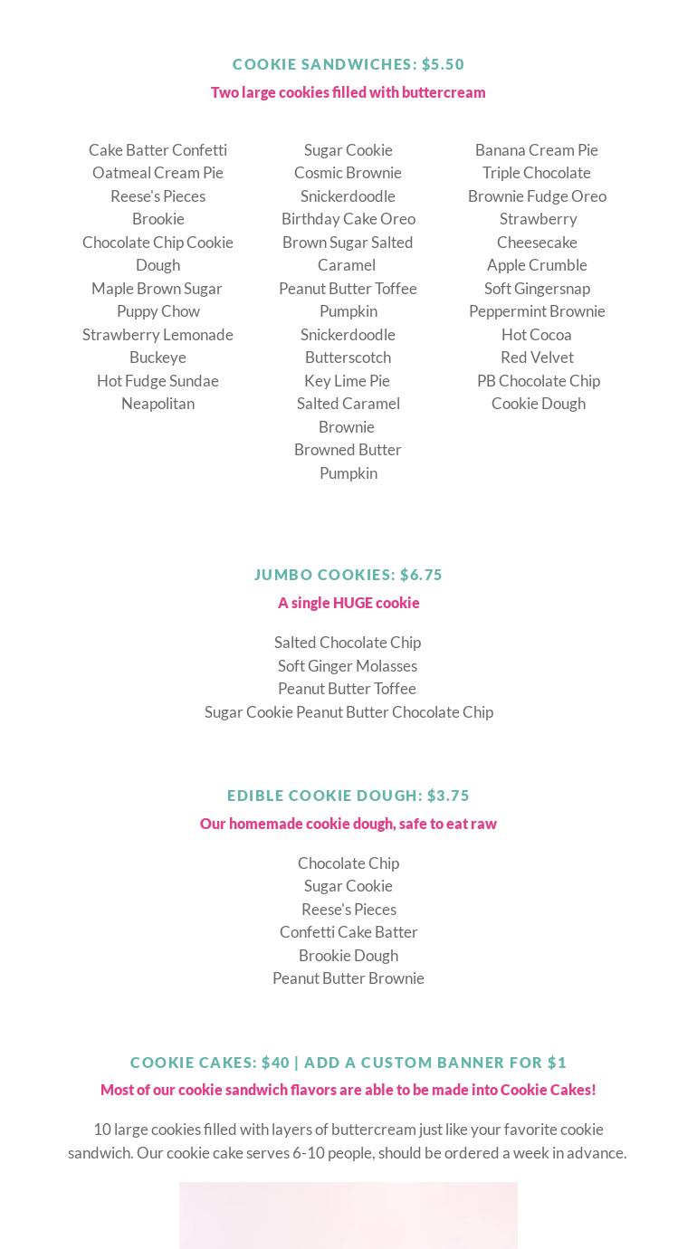 Kelsey Elizabeth Cakes Flagship Menu