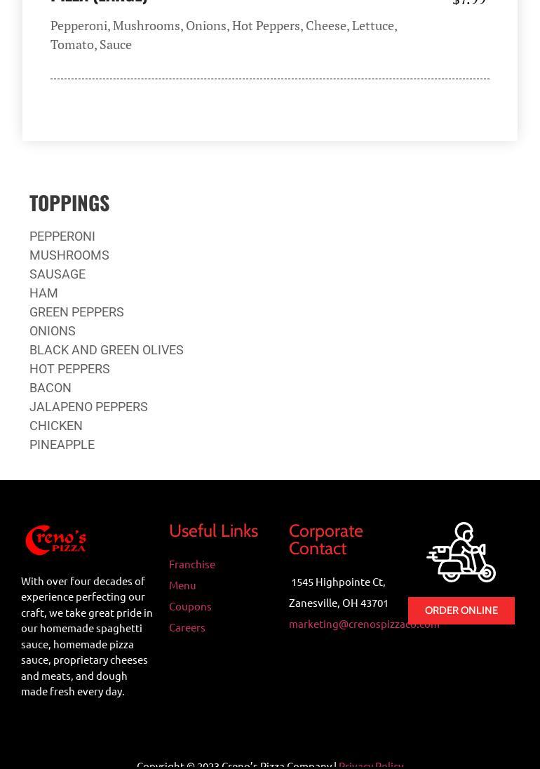 Creno's Pizza Baltimore Menu