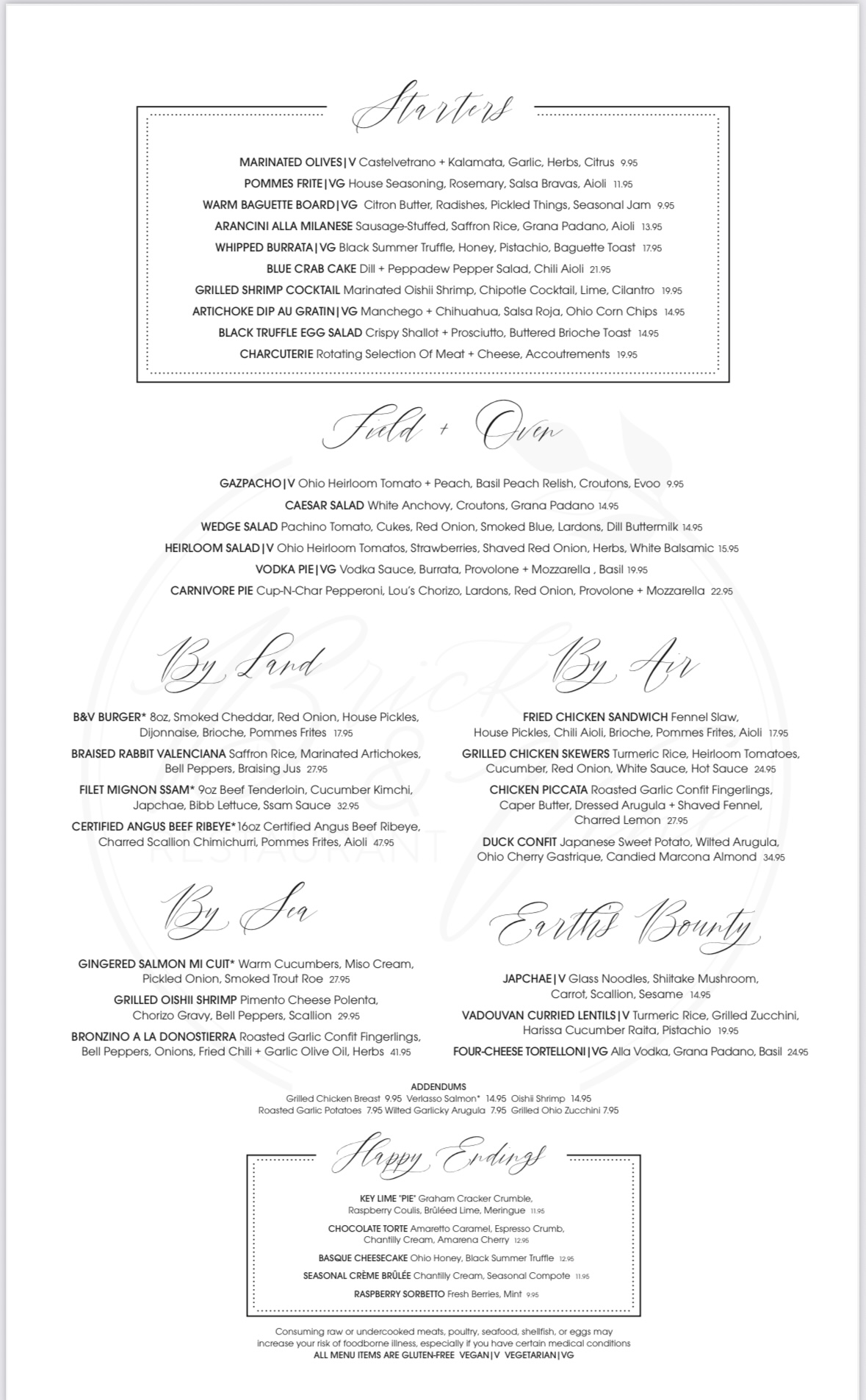 Brick & Vine Restaurant Menu