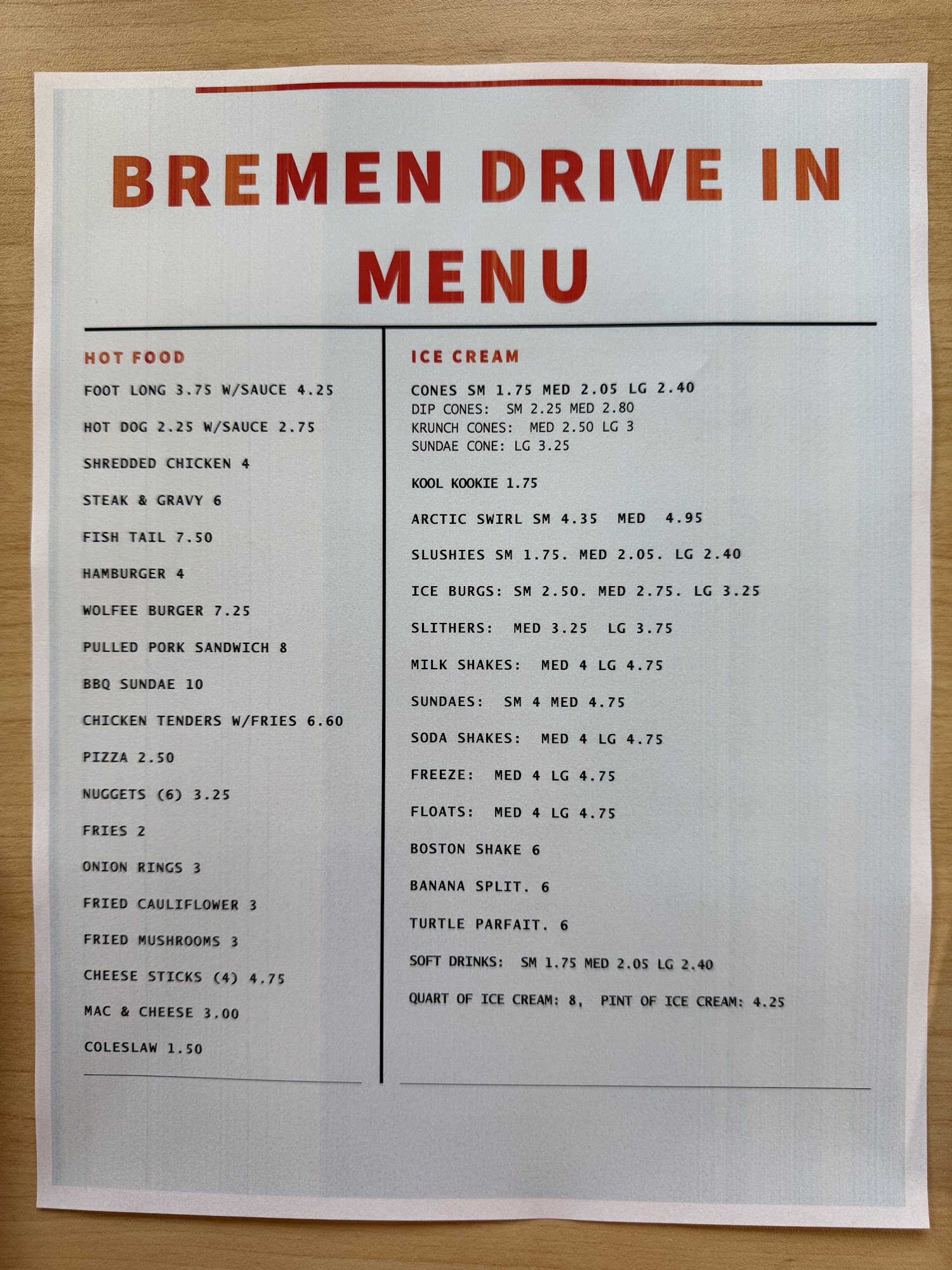 Bremen Drive In Menu