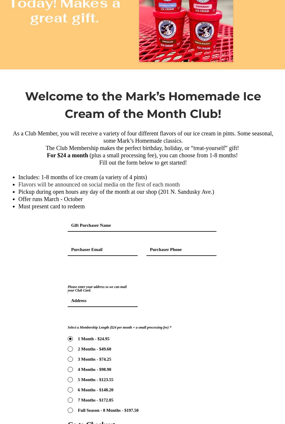 Mark's Homemade Ice Cream Menu