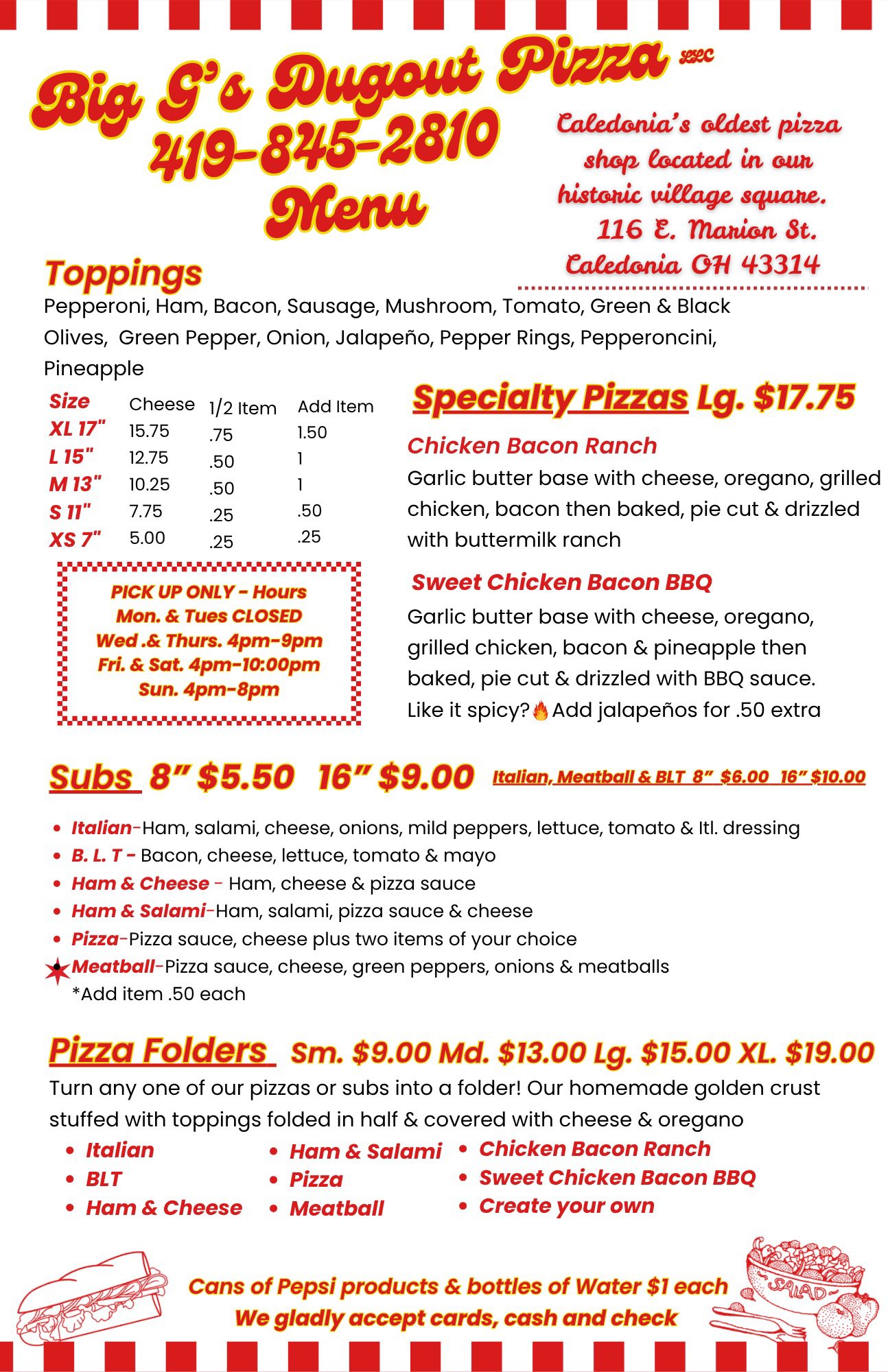 Dugout Pizza Menu