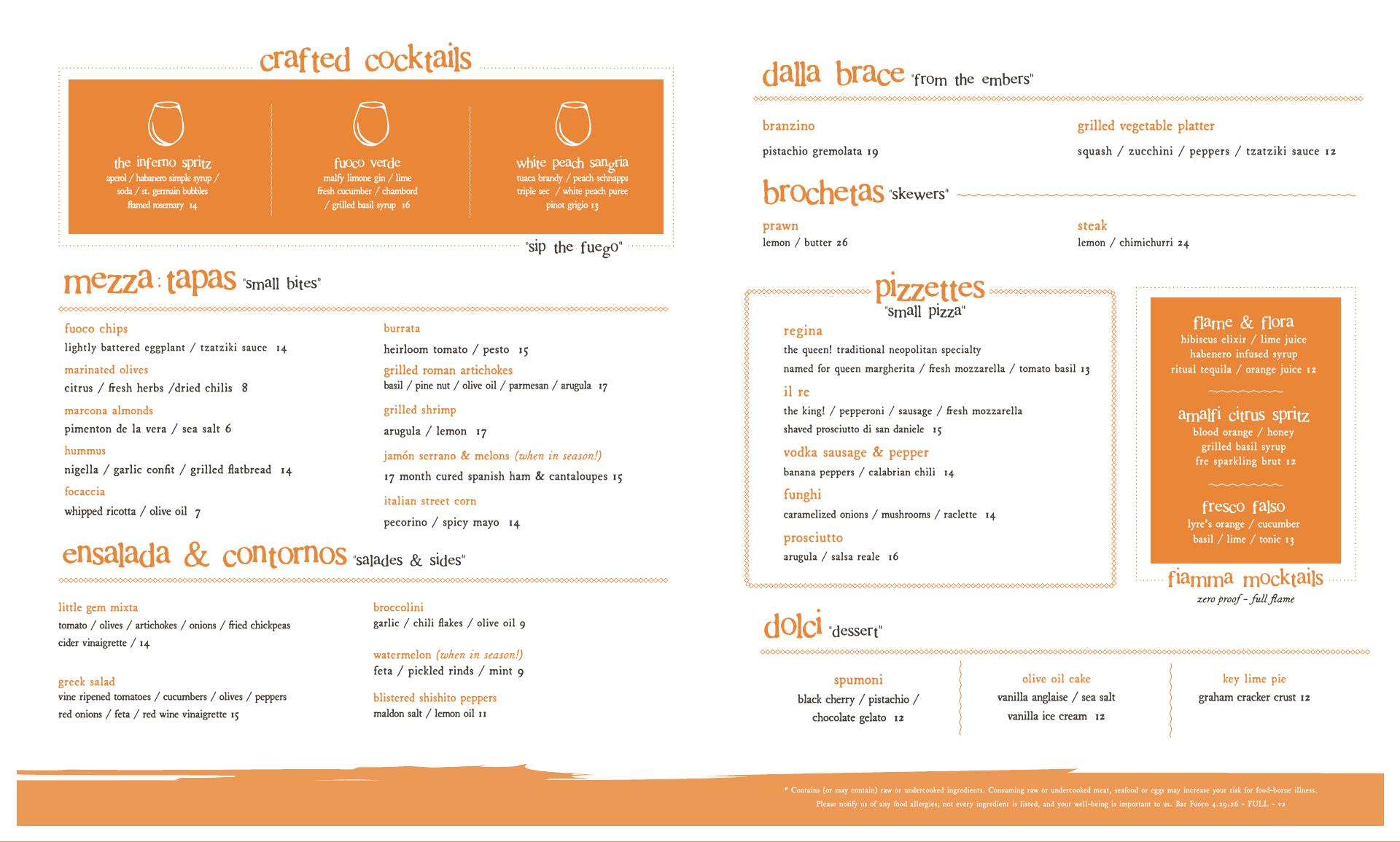 Bar Fuoco Menu