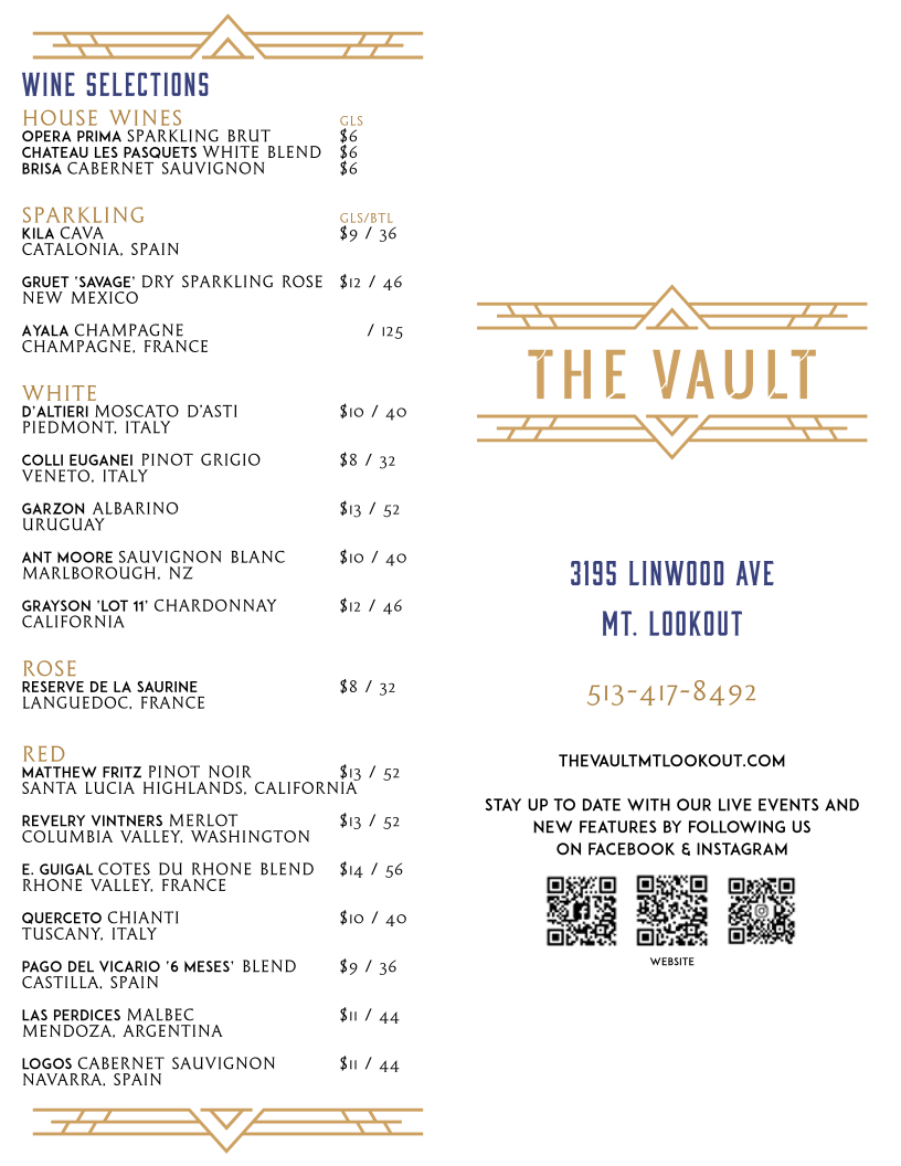 The Vault Mt. Lookout Menu