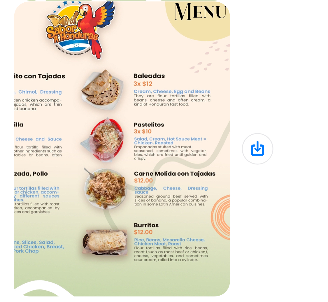 Sabor a Honduras Menu