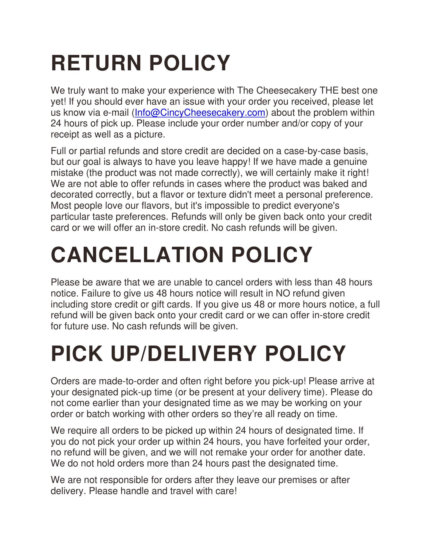 The Cheesecakery Menu