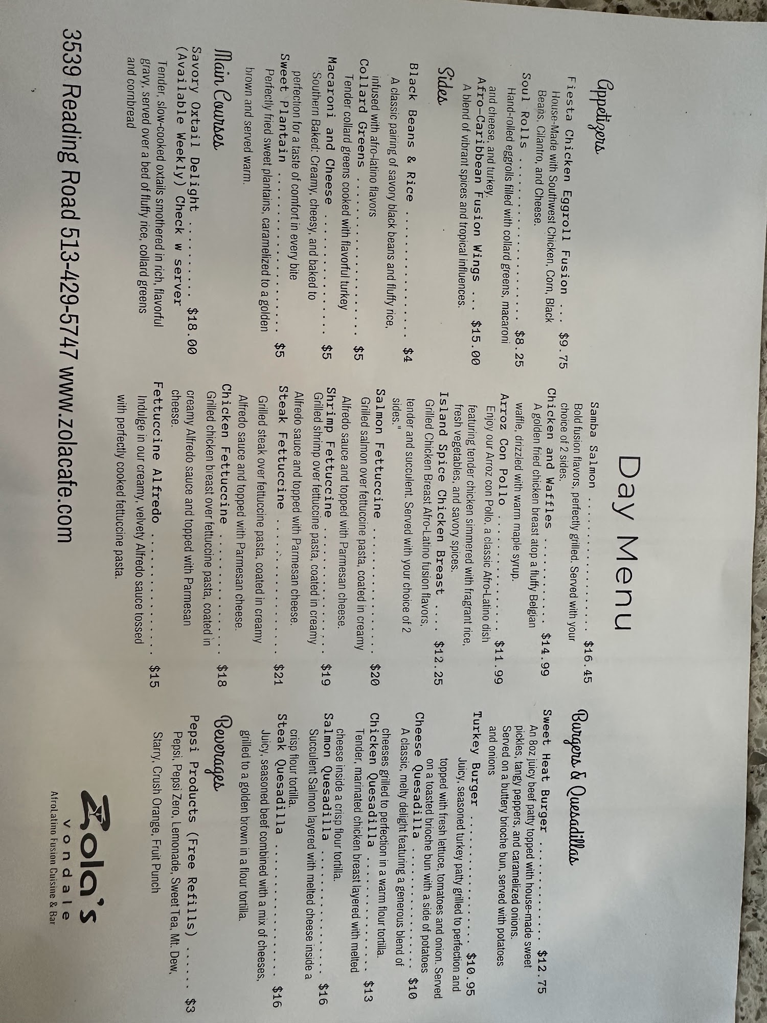 Zola's Avondale Cafe Menu
