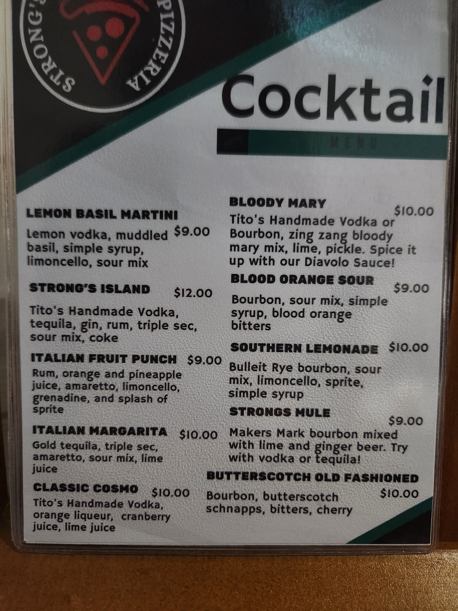 Strong's Brick Oven Pizzeria Menu