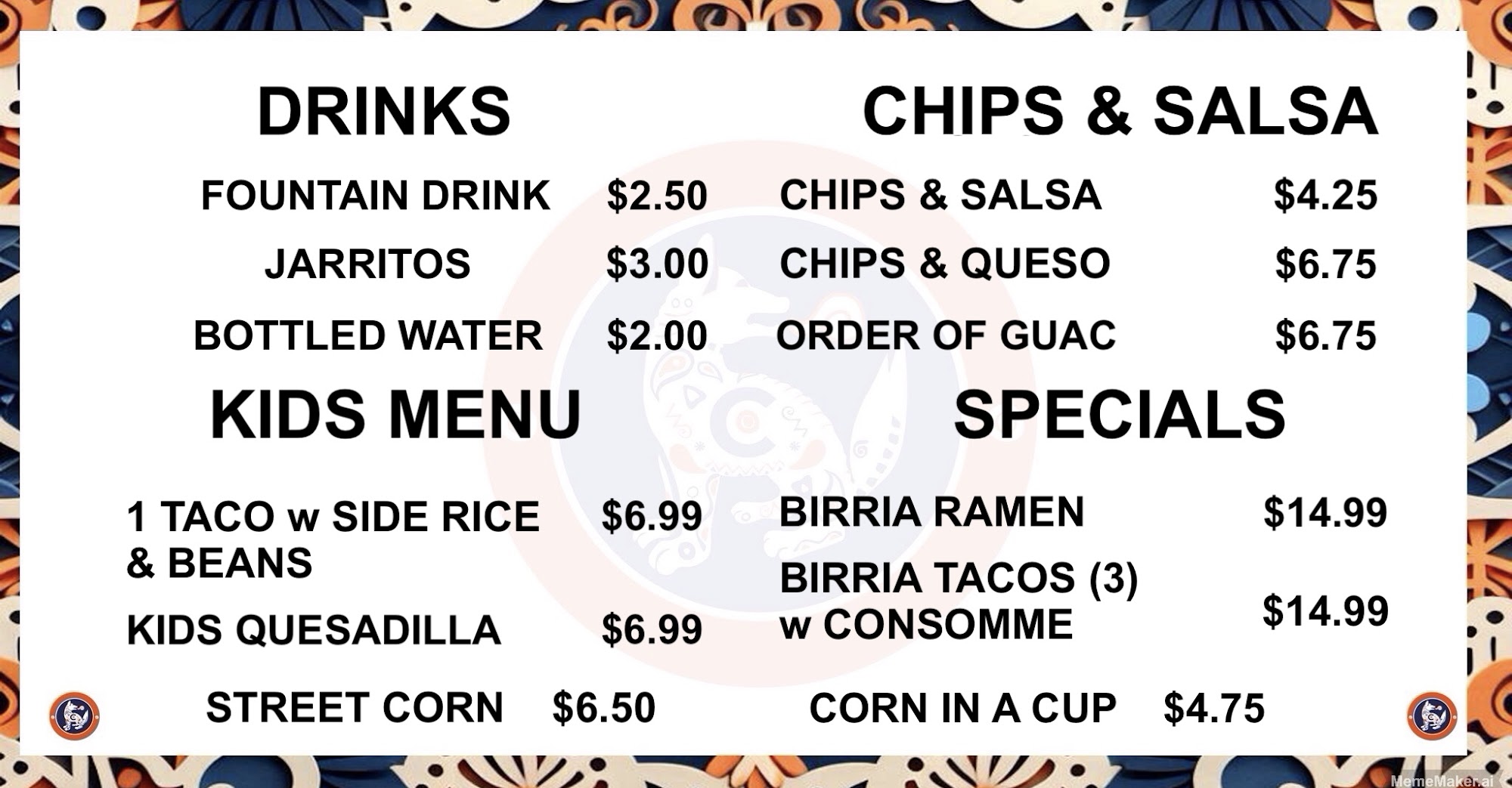 Coyoacan Taqueria & Brew Menu
