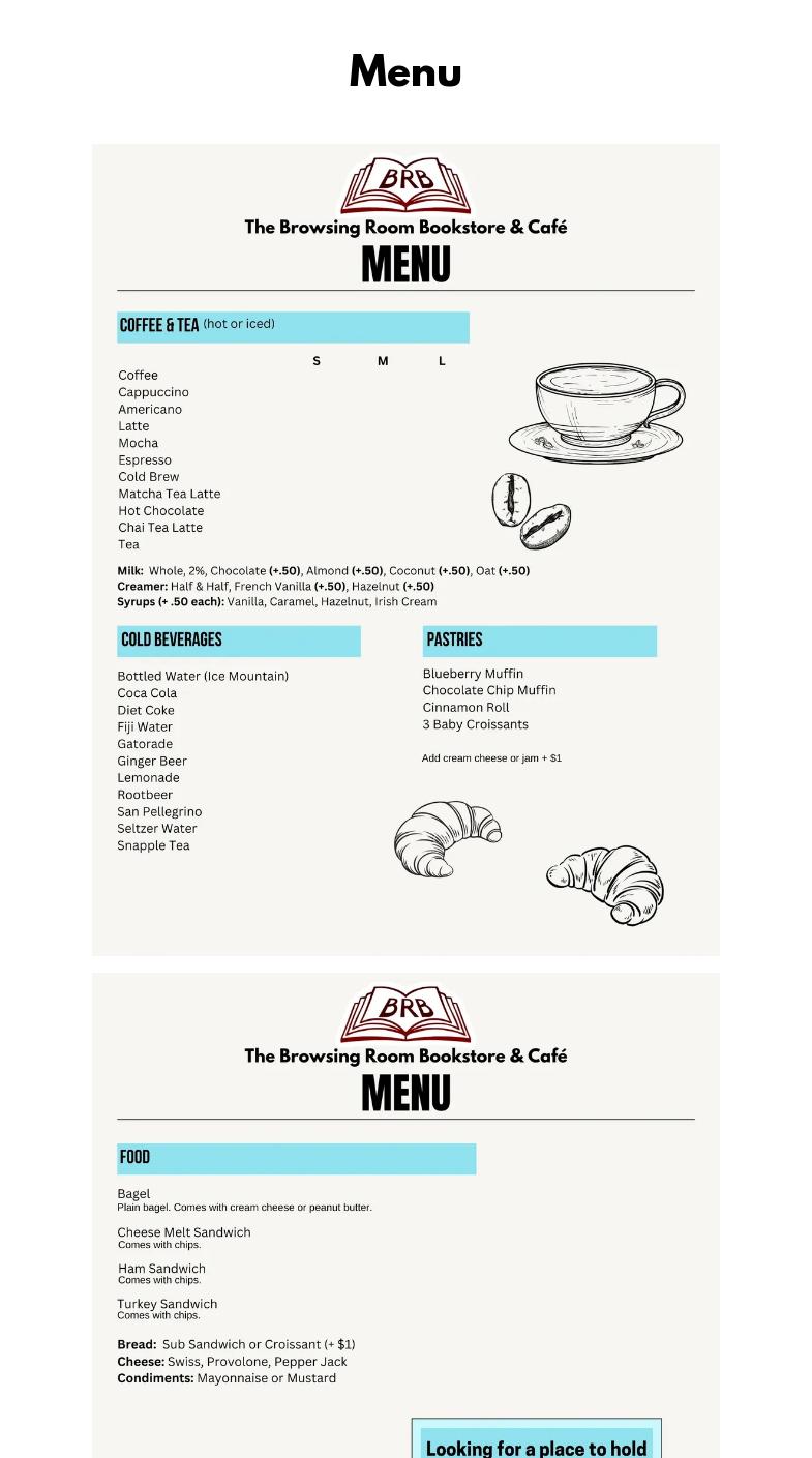 The Browsing Room Bookstore & Cafe Menu