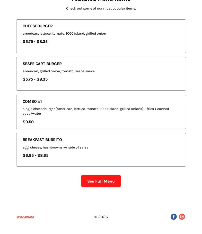Sespe Burger Menu