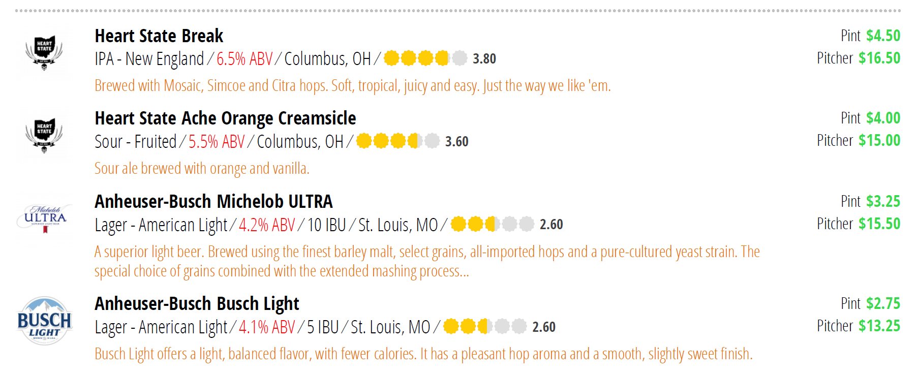 Heart State Brewing Menu