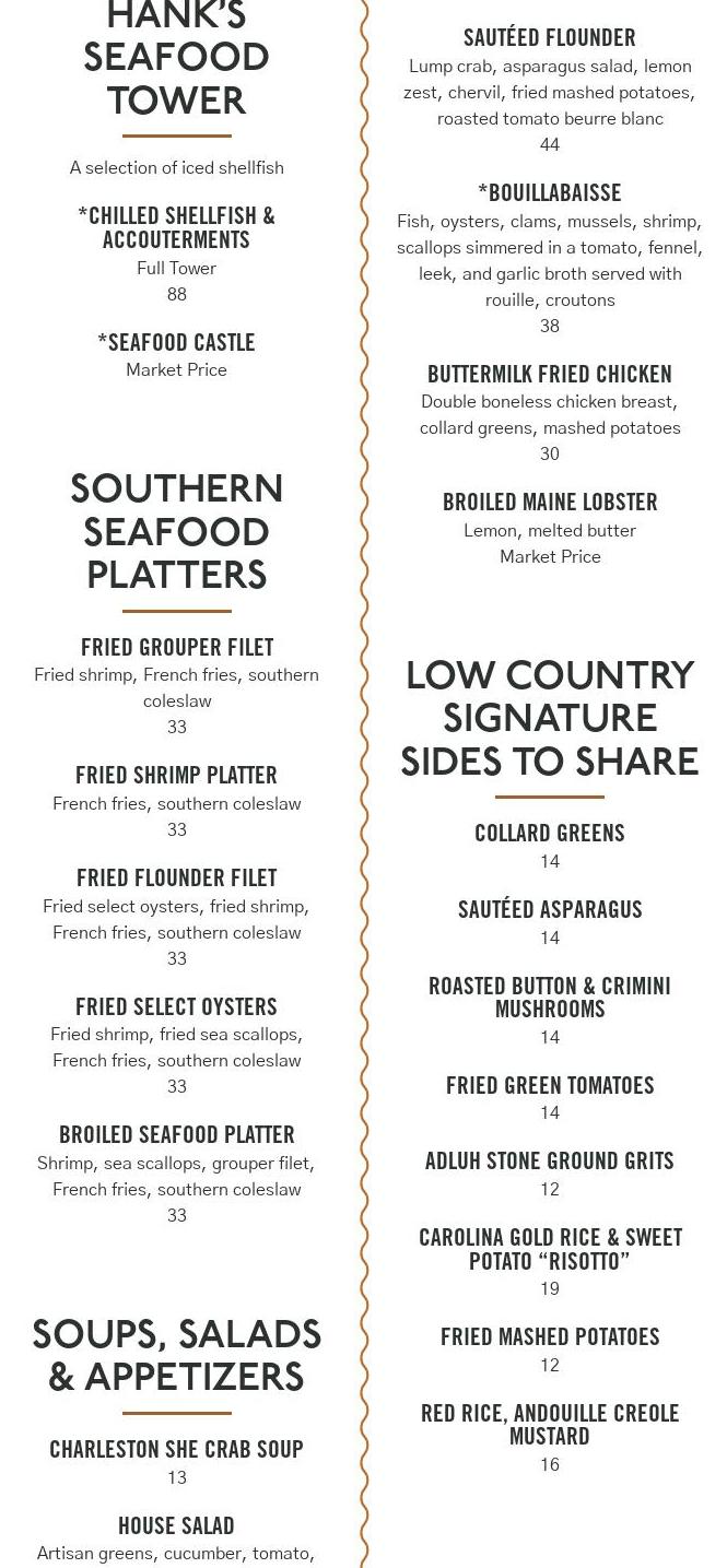 Hank's Low Country Seafood & Raw Bar Menu