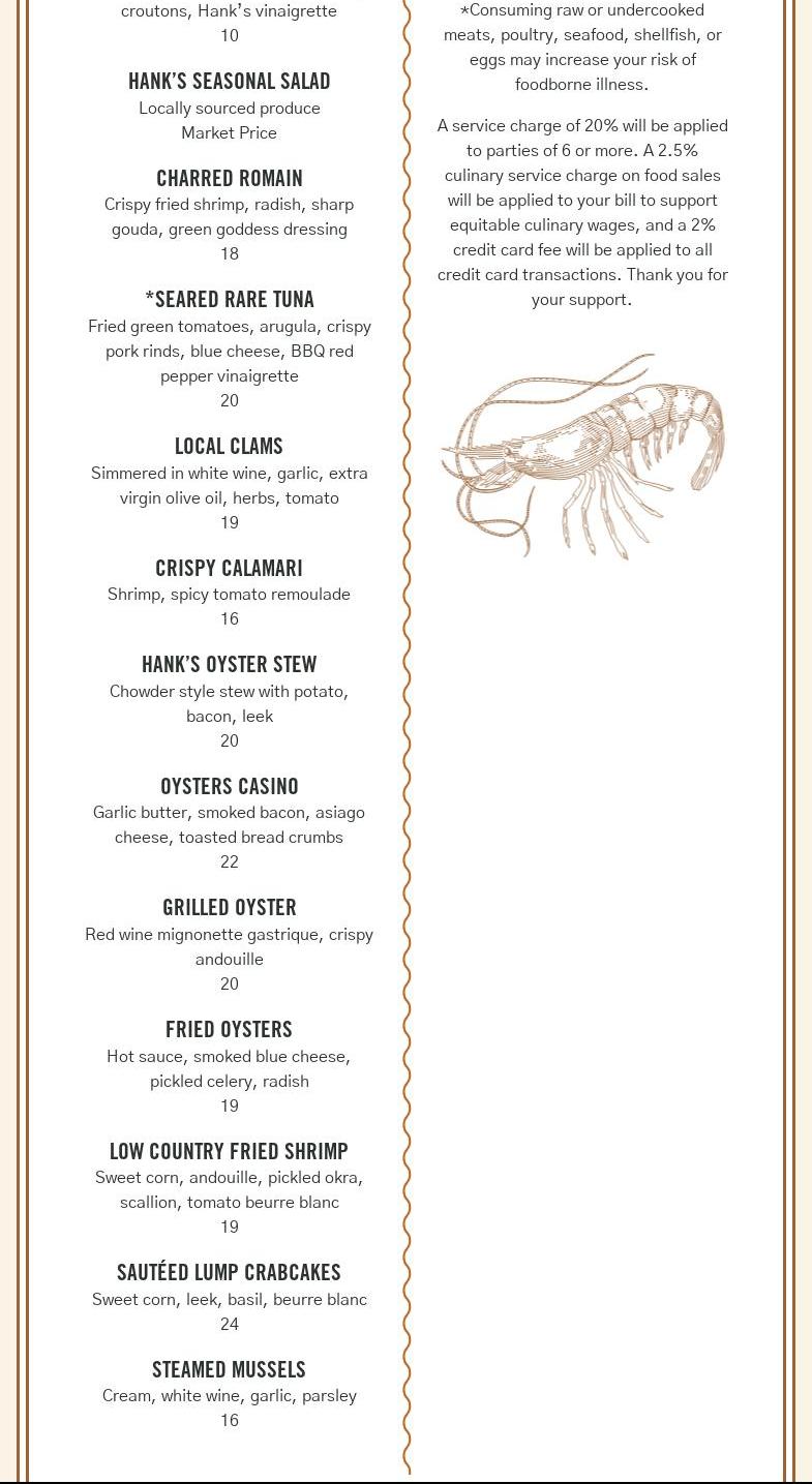 Hank's Low Country Seafood & Raw Bar Menu