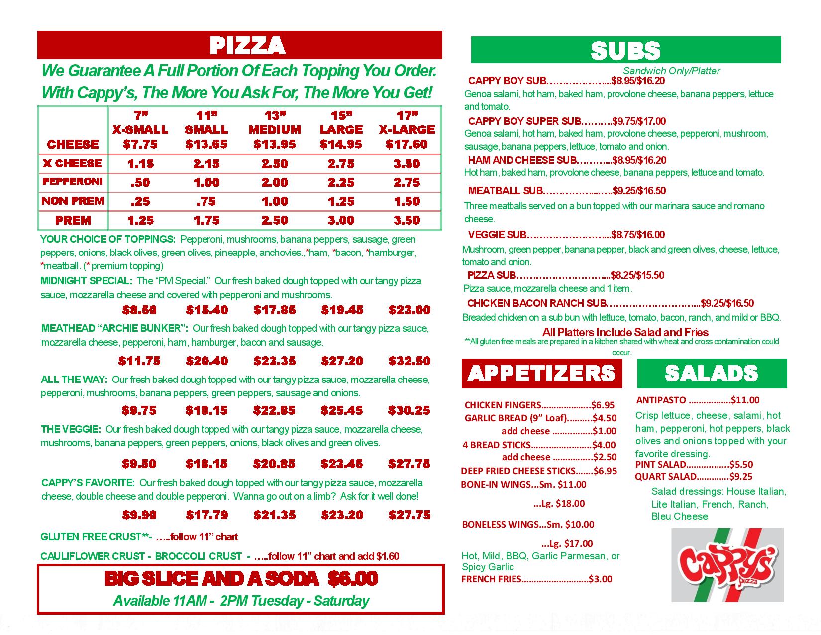 Cappy’s Pizza Menu