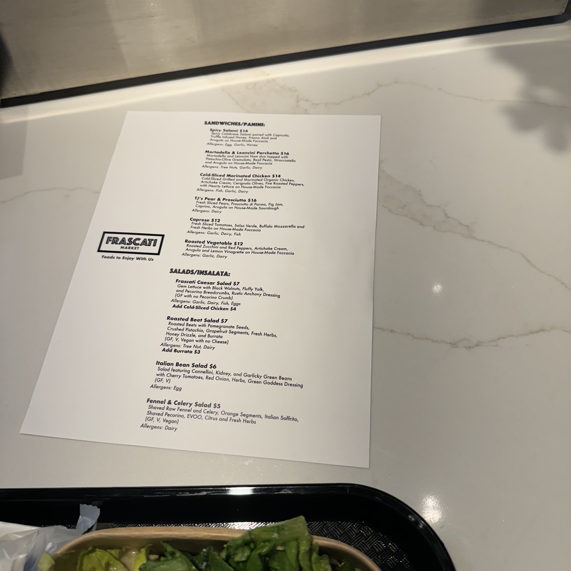 Frascati Market Menu