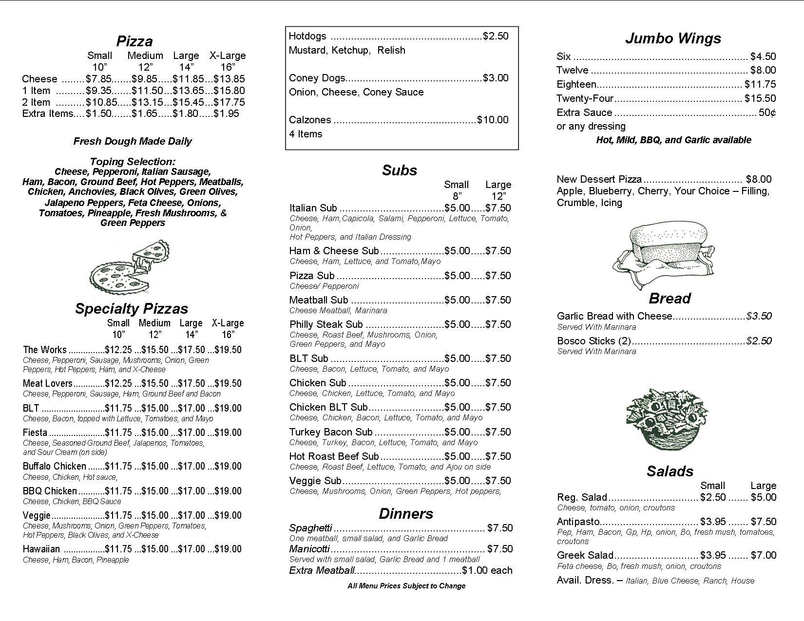 Nana & Pap's Pizza & Ice Cream Menu