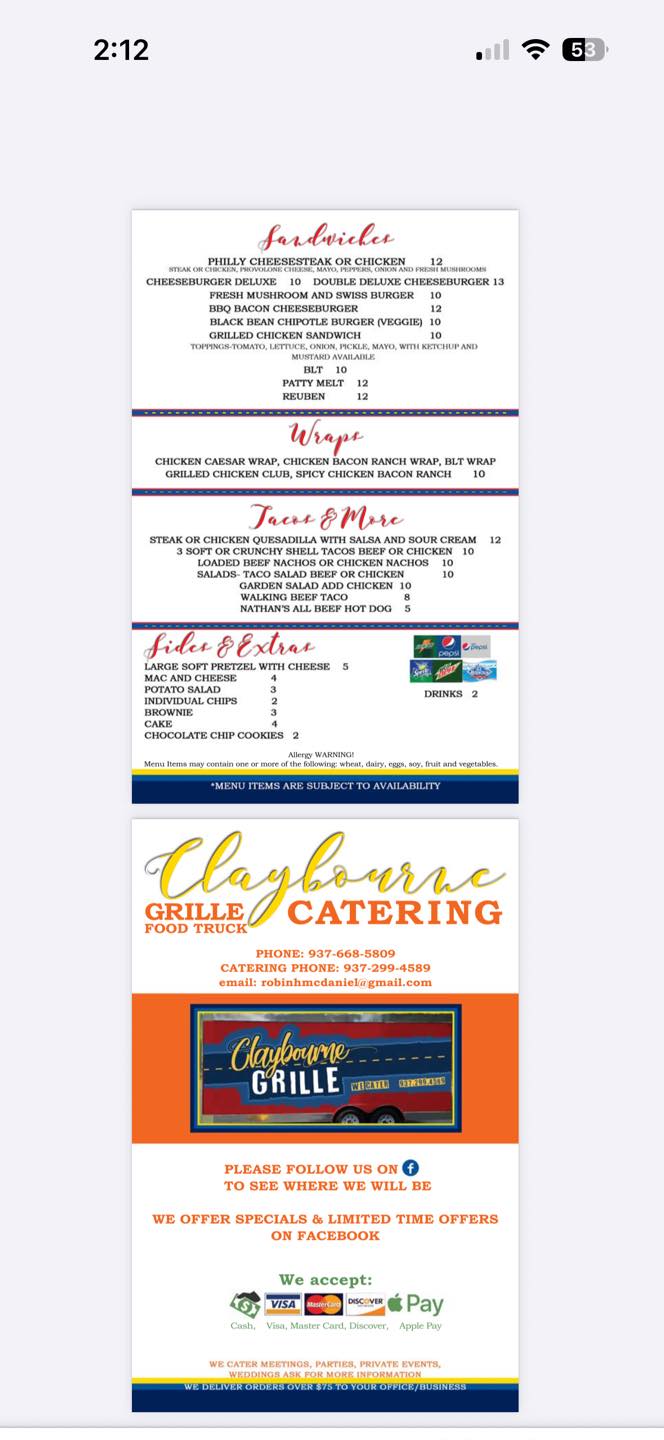 Claybourne Grill Menu