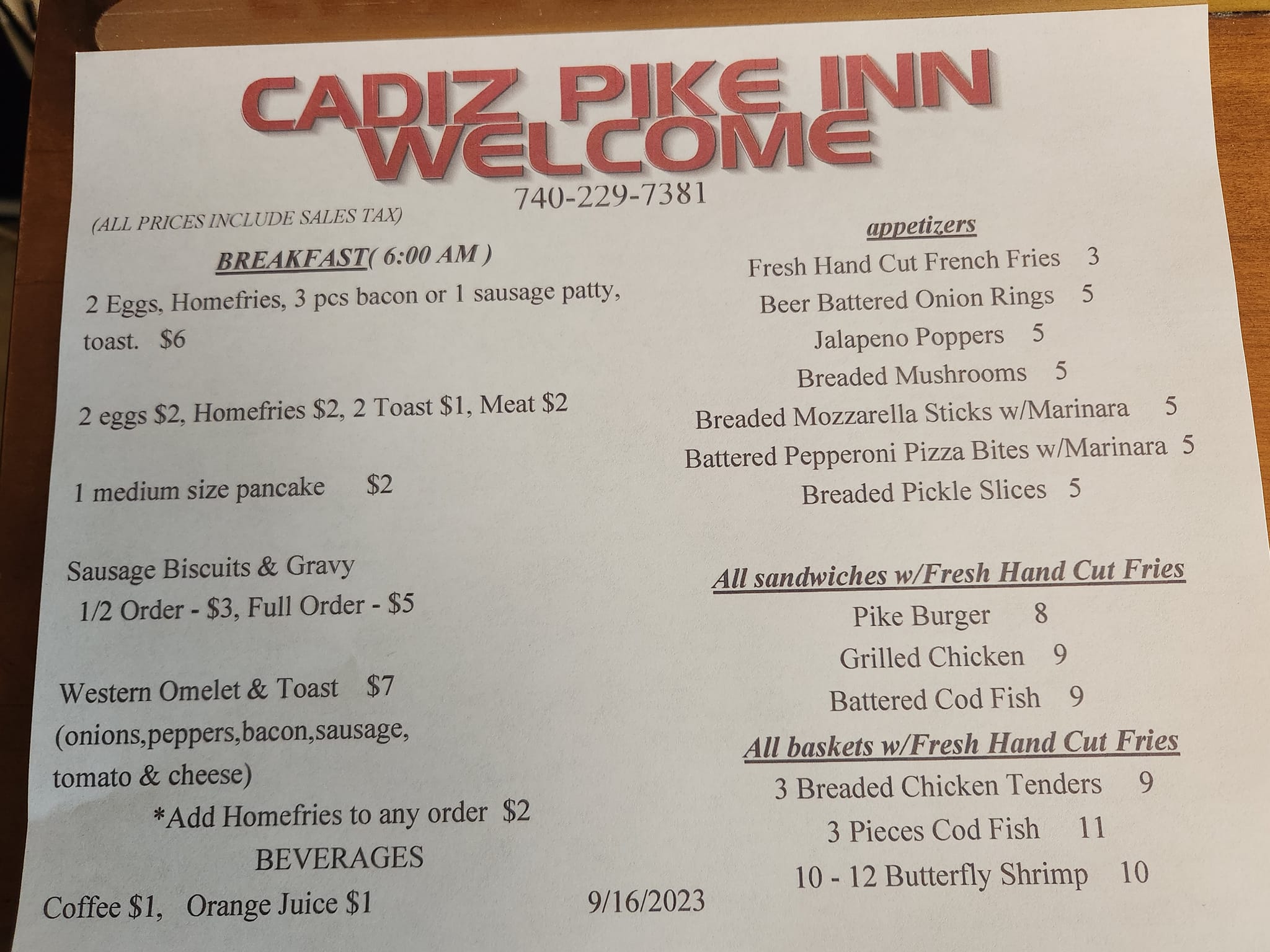 The Cadiz Pike Inn Menu