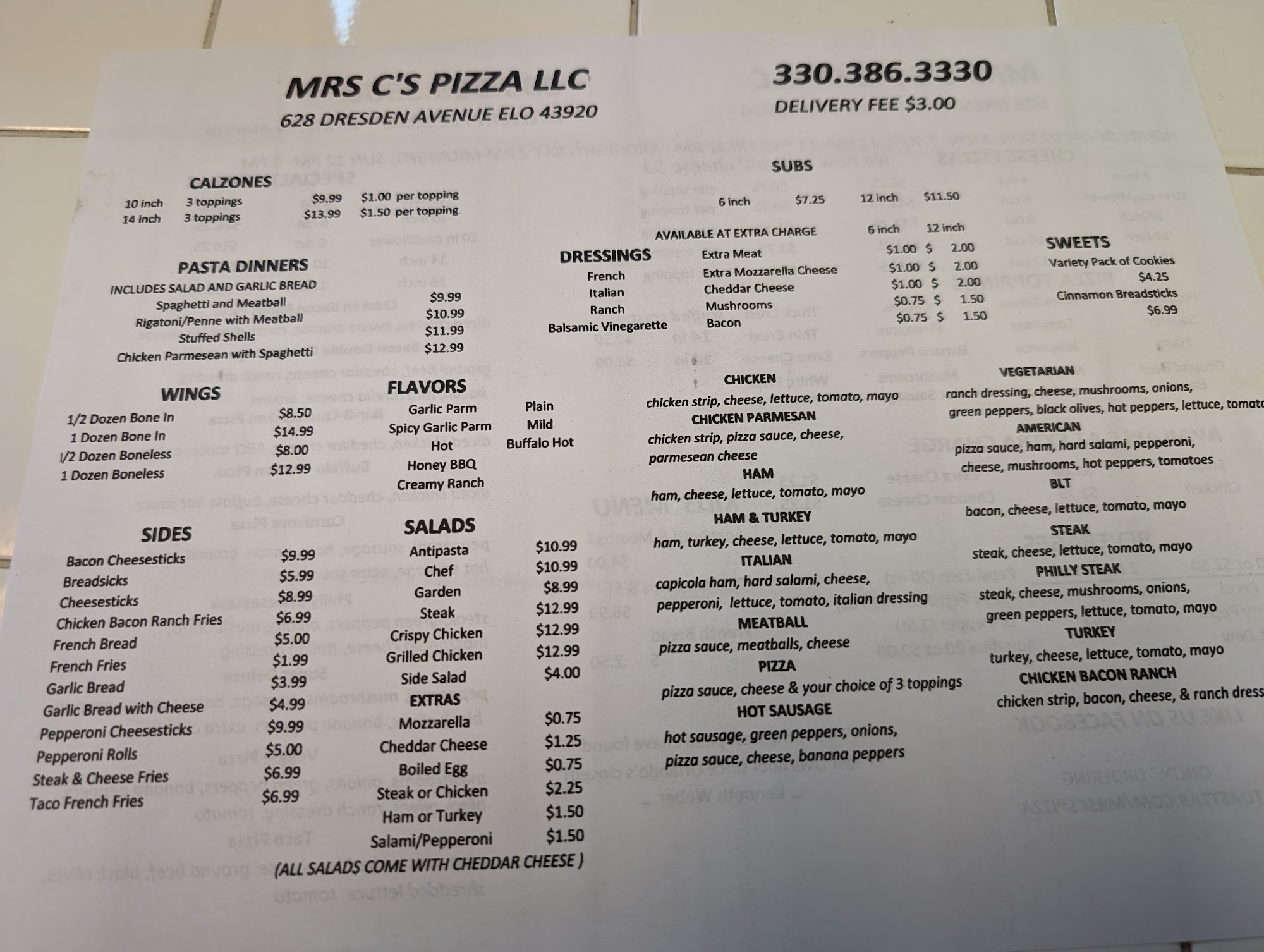 Mrs C's Pizza LLC Menu