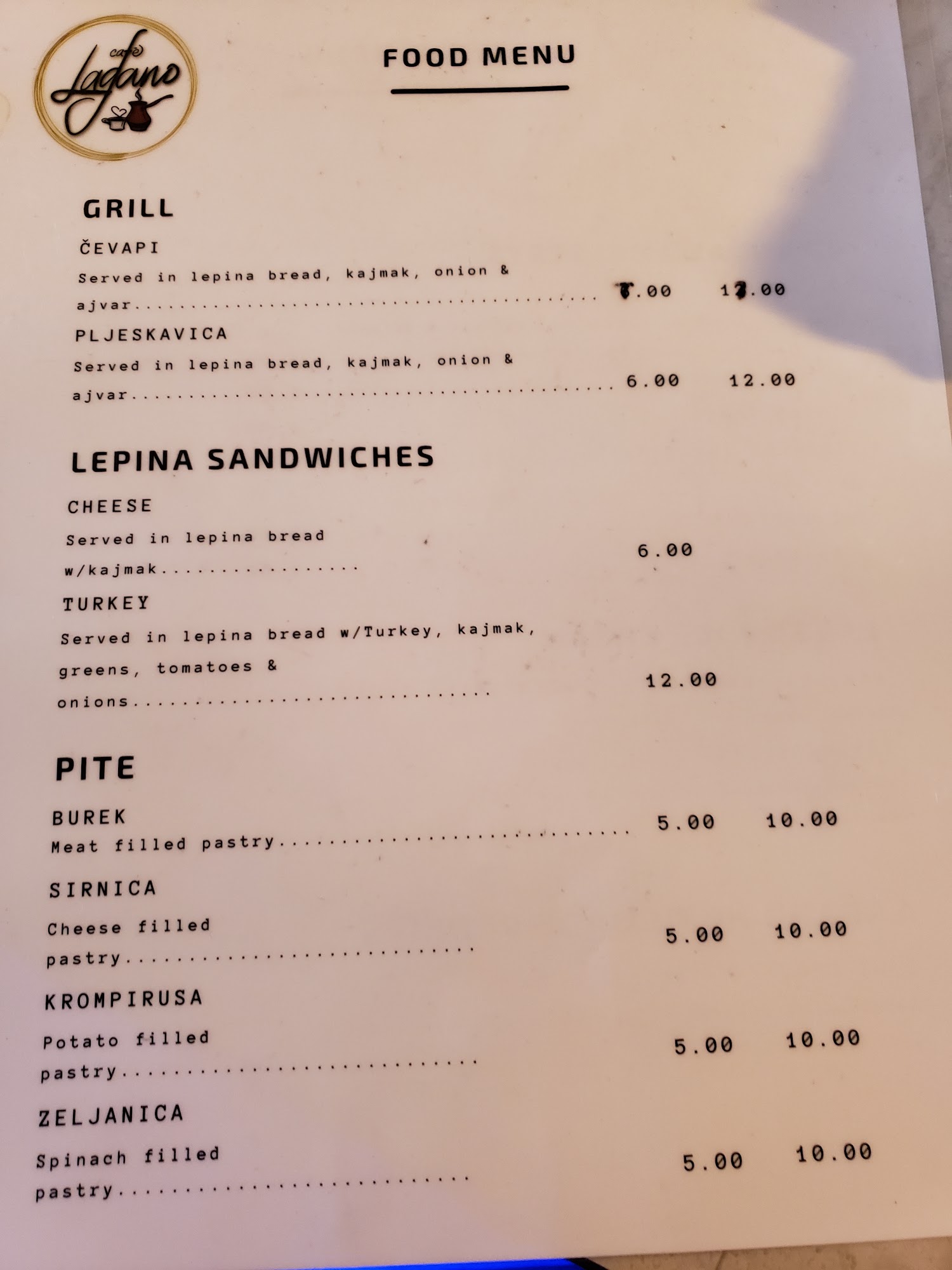Lagano Cafe Menu