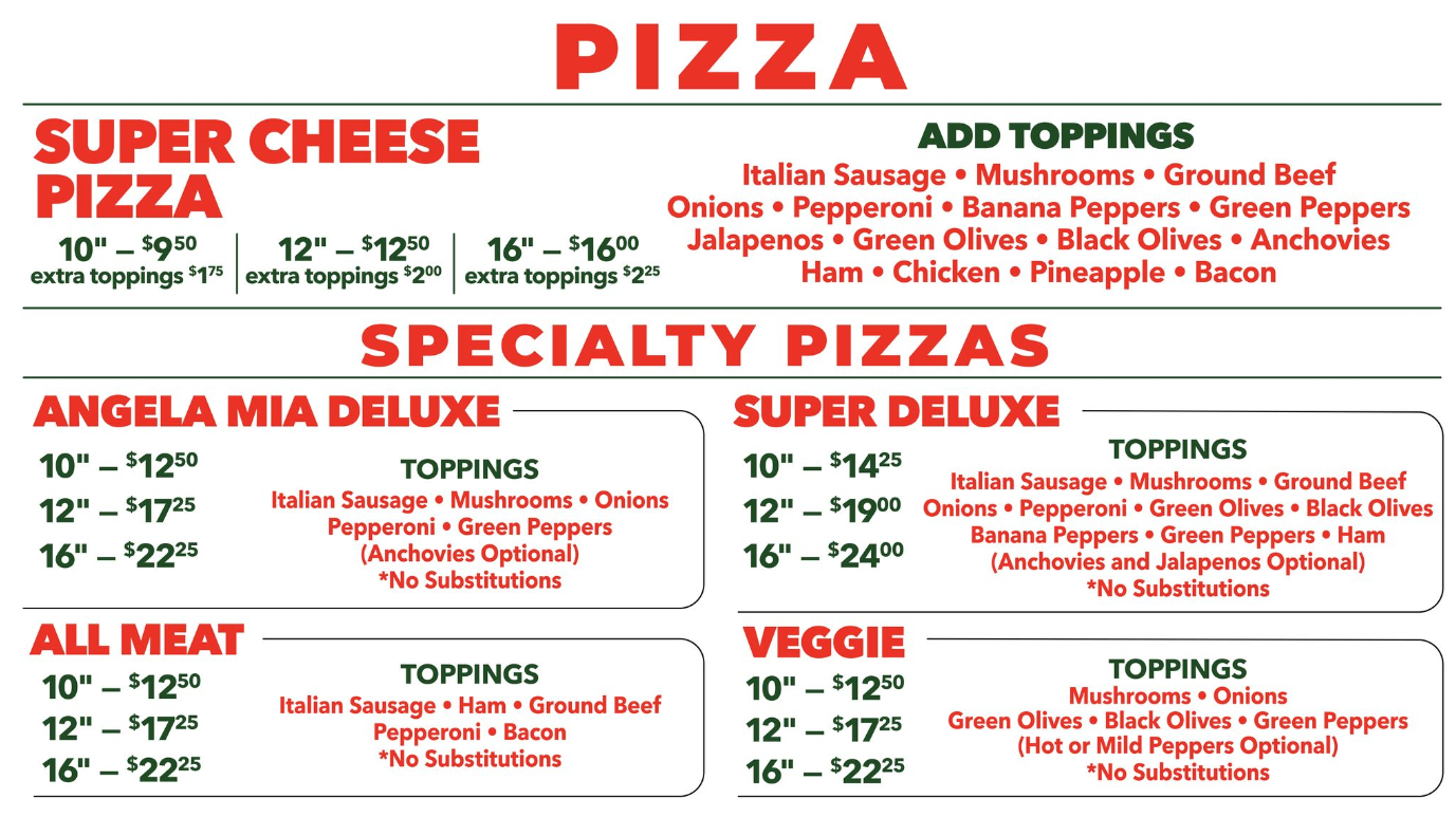 Angela Mia Pizza Express Menu