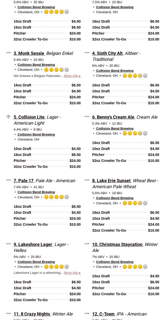 Collision Bend Brewing Company Euclid Menu