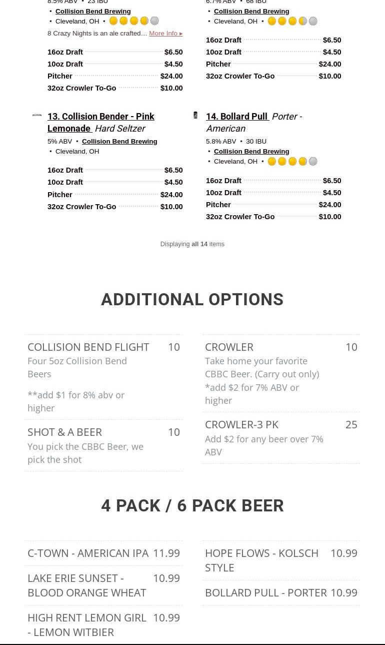 Collision Bend Brewing Company Euclid Menu