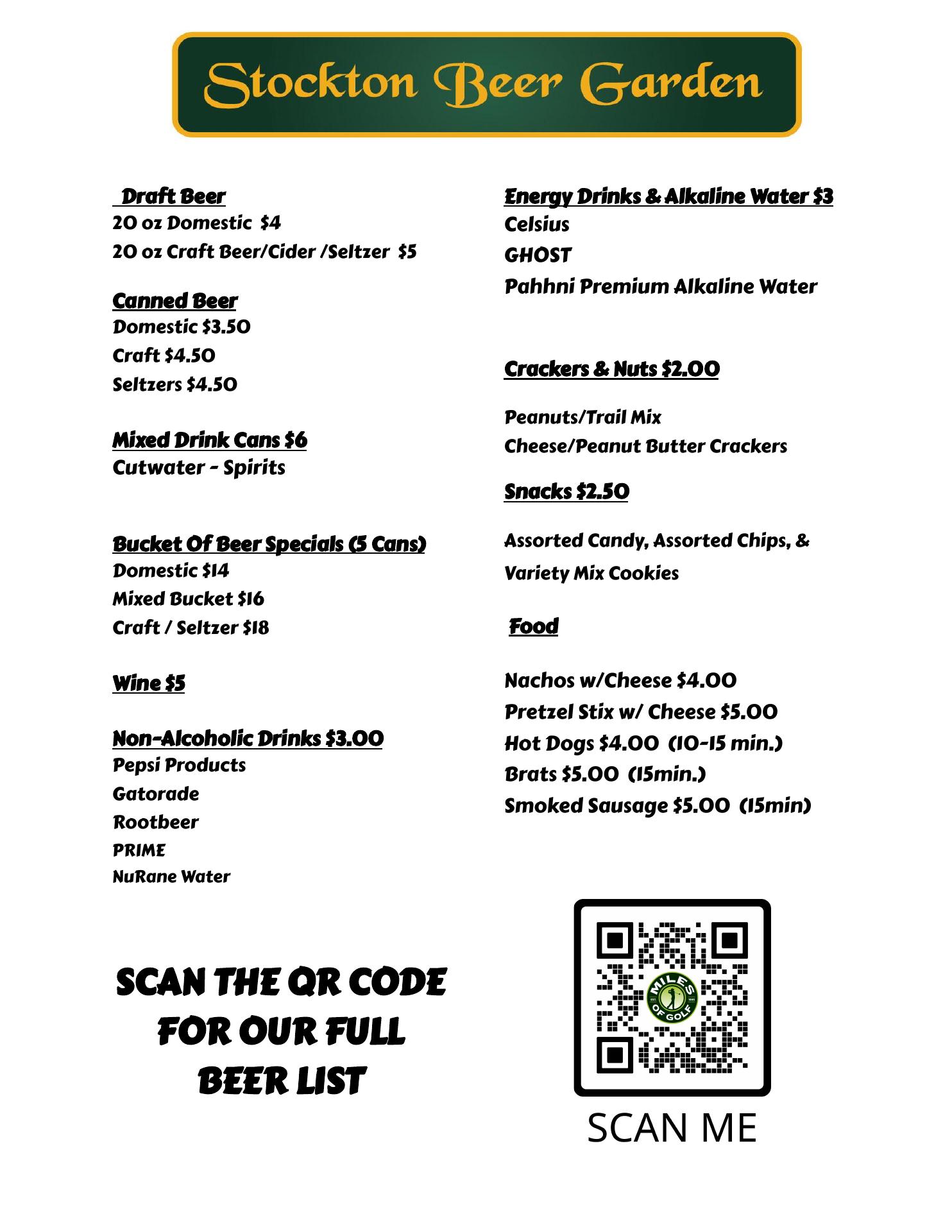 Stockton Beer Garden Menu