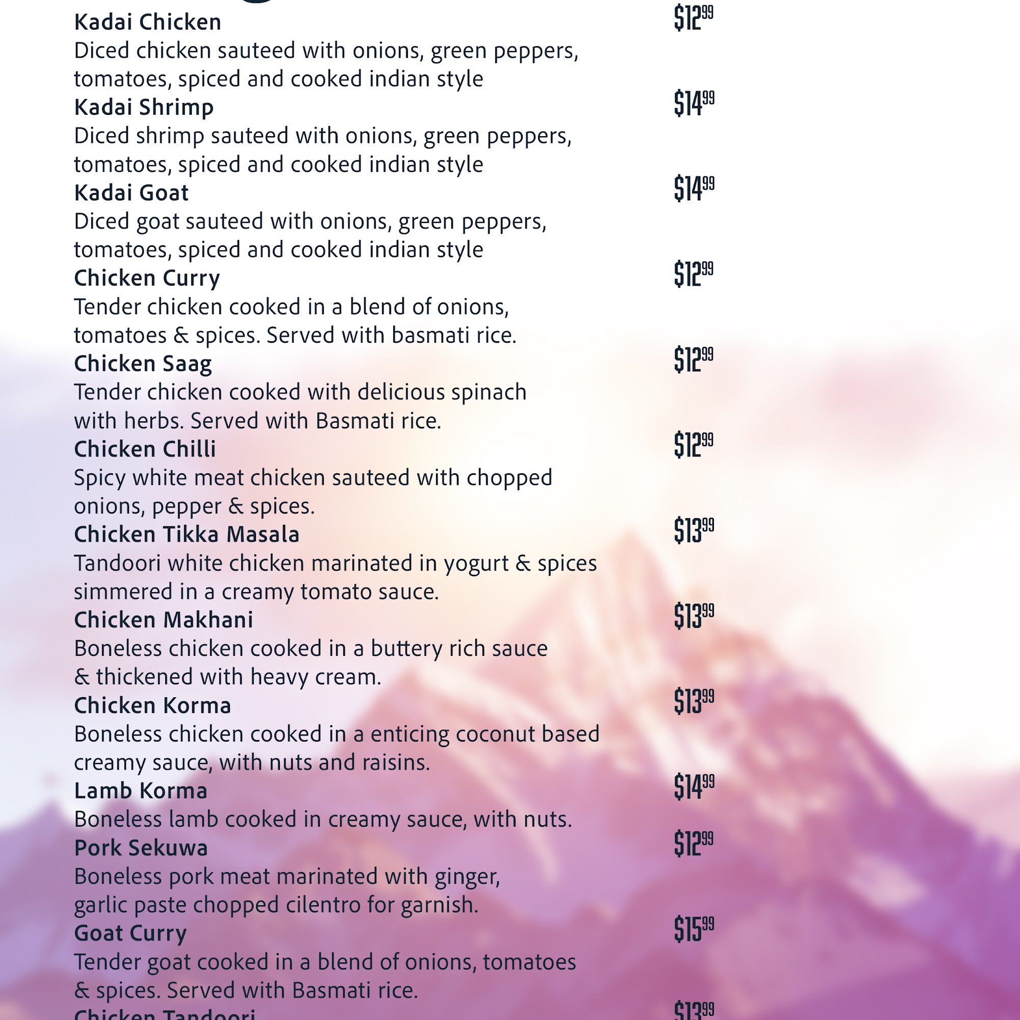 Everest kitchen Menu