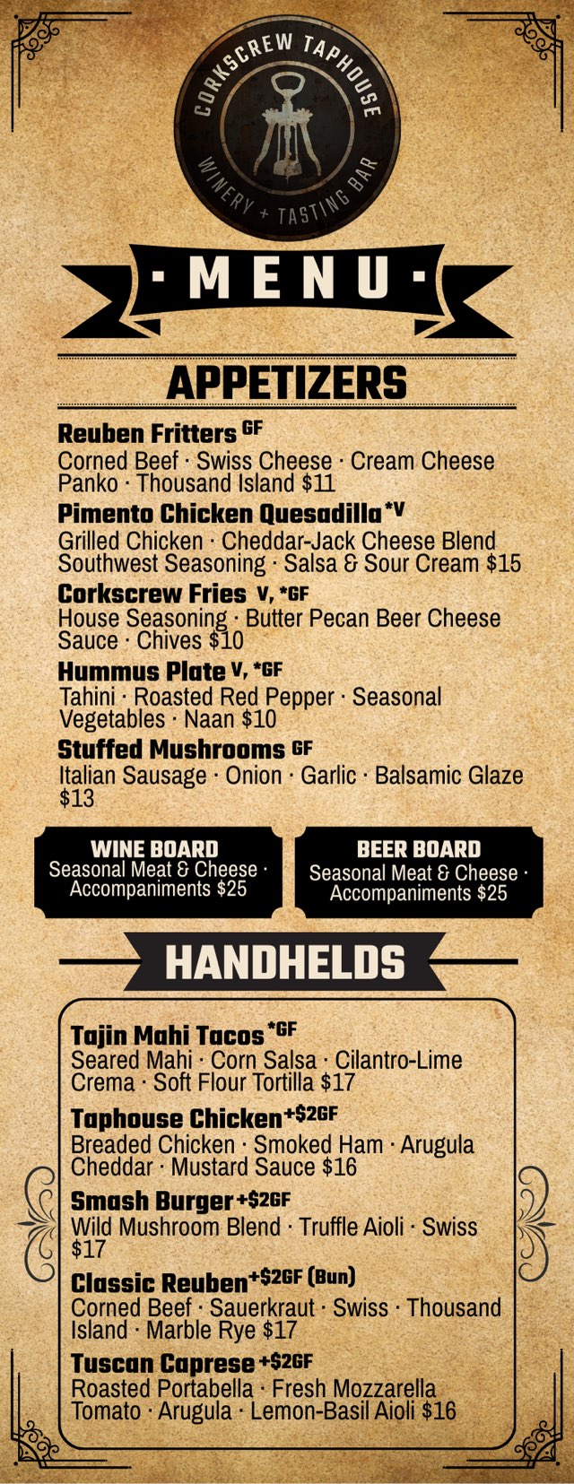 Corkscrew Taphouse Menu