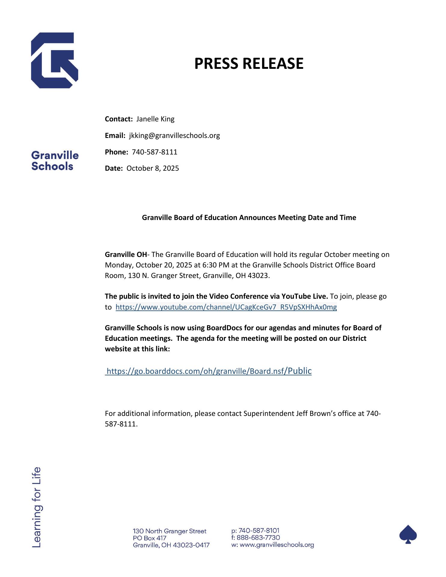 Granville High School Menu