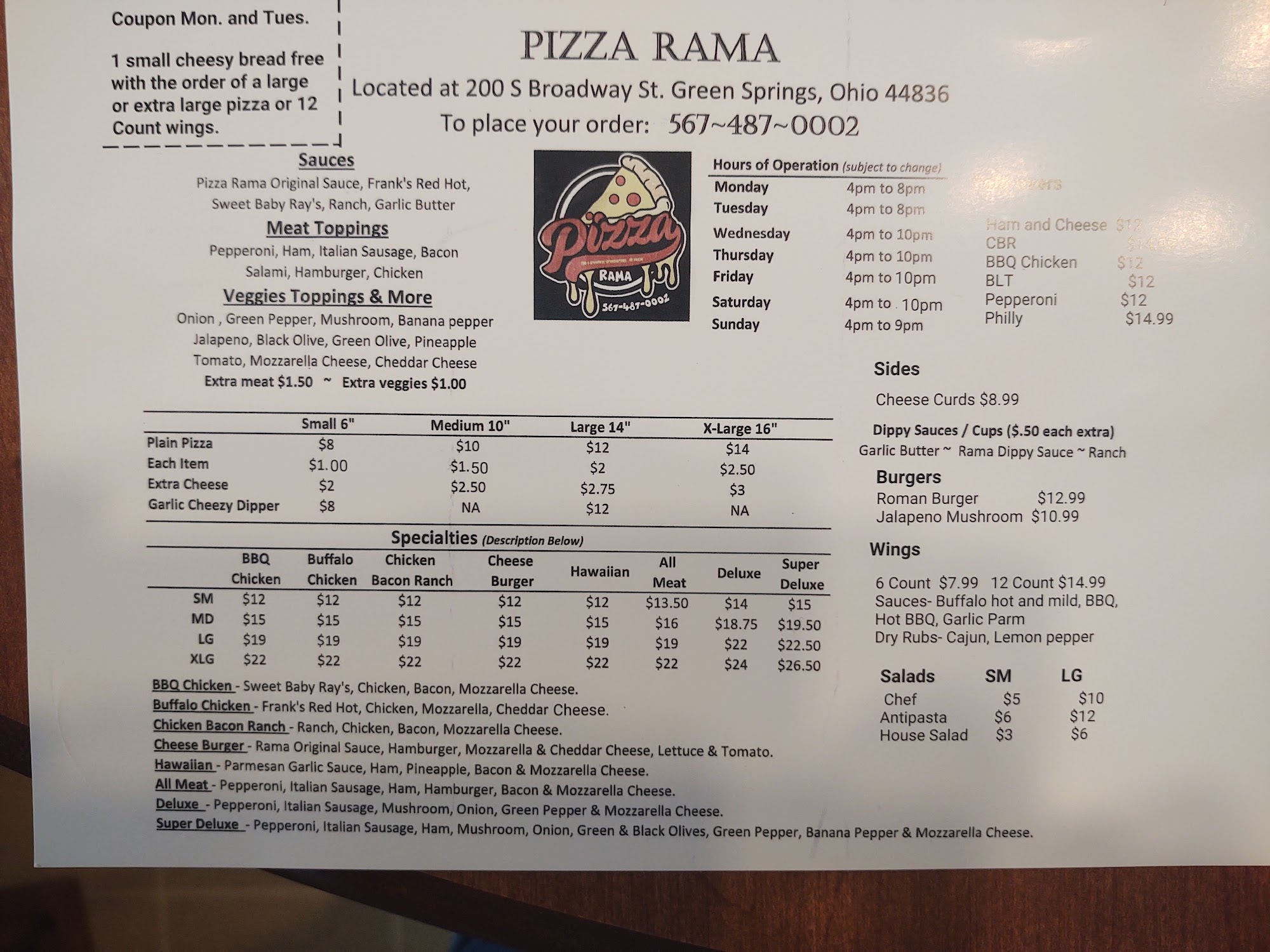 Pizza-Rama Menu
