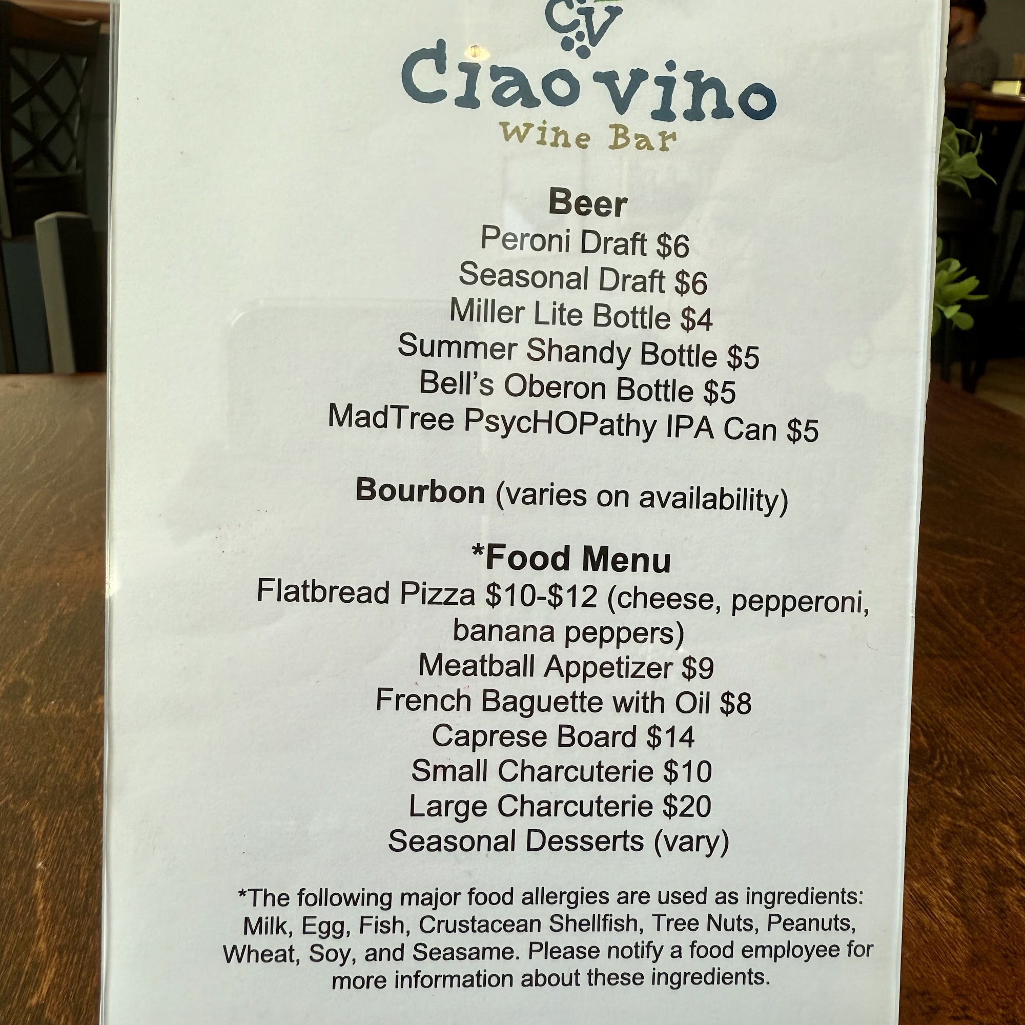 Ciao Vino Wine Bar Menu