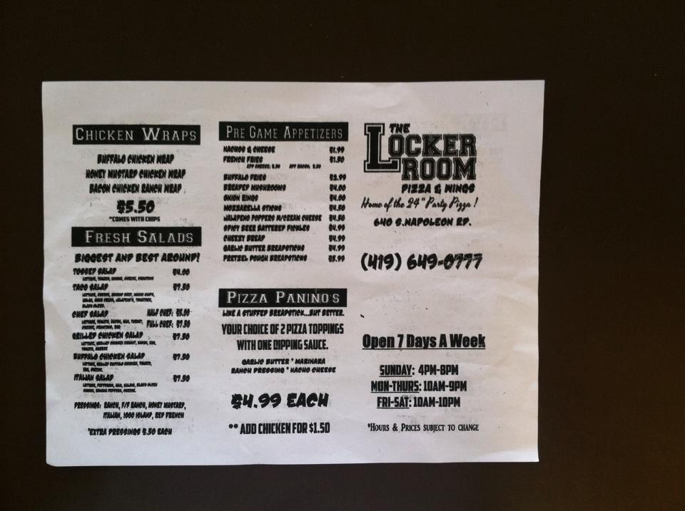 Locker Room Pizza & Wings Menu