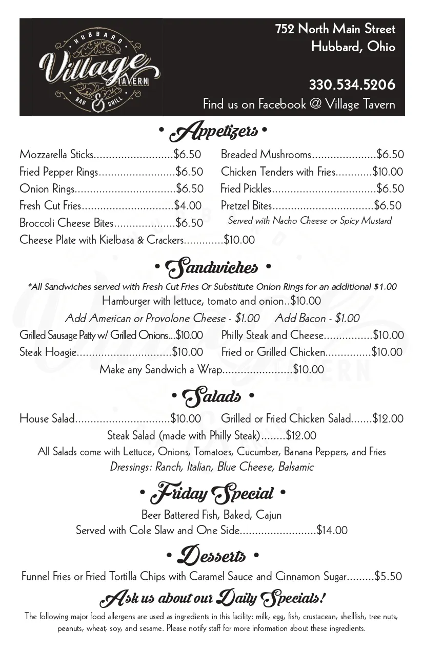 The Village Tavern Menu