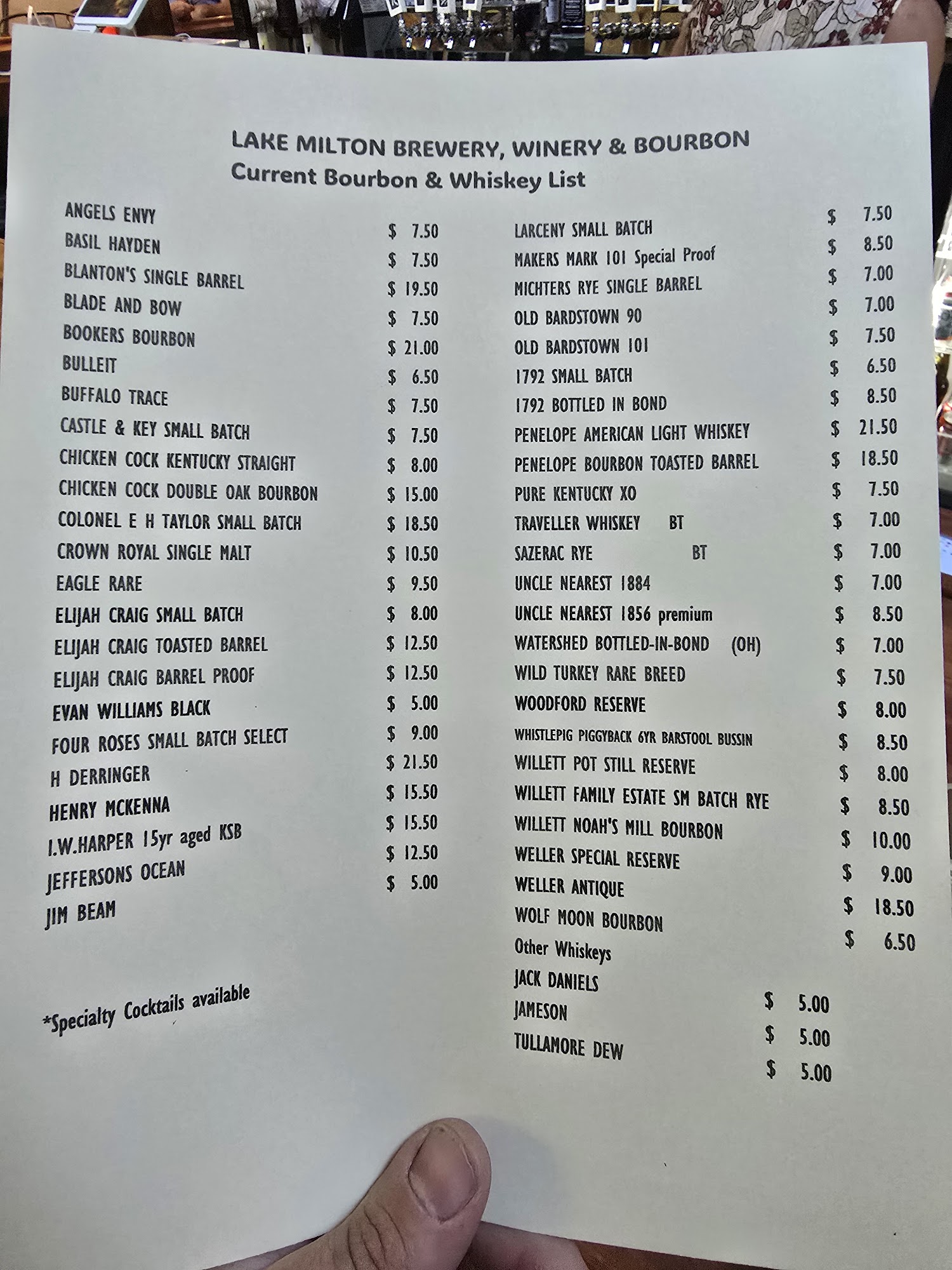 Lake Milton Brewery Menu
